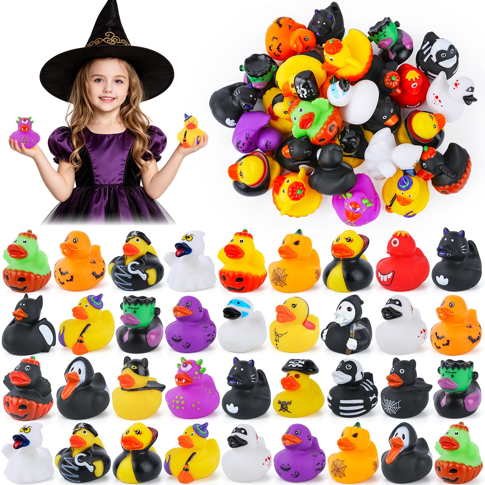 36 Halloween Rubber Ducks, Assorted Styles Party Favors Goodie Bag Fillers | Bulk Halloween Rubber Duck Assortment for Trick or Treat, Bath Toys for Kids, Classroom Treat Supplies, Gift Bag Fillers