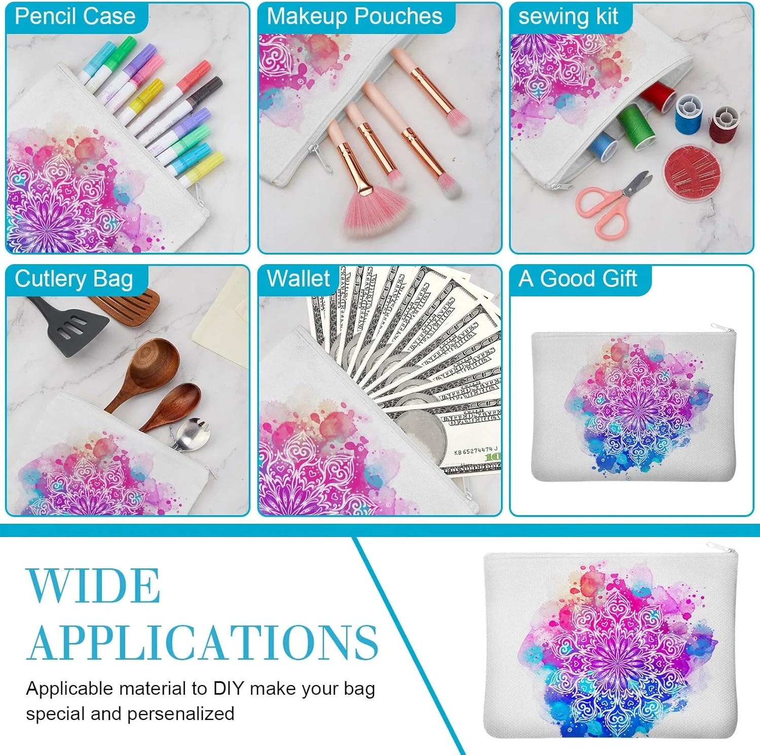 Frienda 50 Pcs Sublimation Blank Canvas Makeup Bags Bulk DIY Heat Transfer Canvas Pen Case Pencil Cosmetic Makeup Bags Clear Sublimation Blank Pouch with Zipper (9 x 6.89 Inch,White) - Image 4