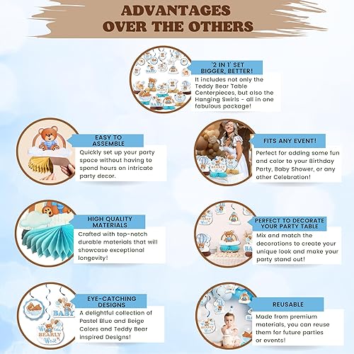 Miniatura 4 de 33 centros de mesa de oso para mesas, centro de mesa de panal de abeja, decoración de baby shower, decoración de remolinos colgantes de oso azul