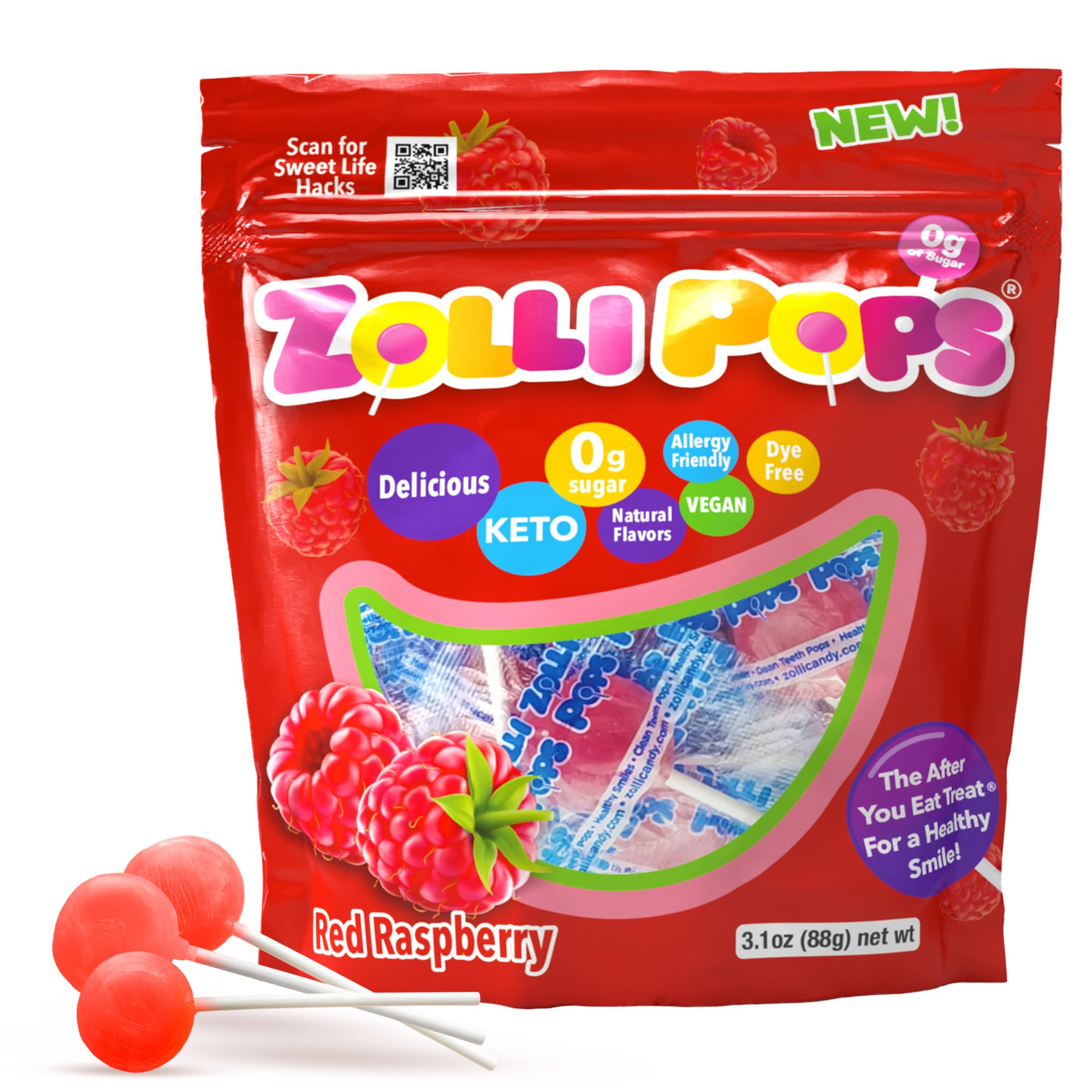 Zollipops Clean Teeth Pops Sugar Free Candy, Dye-Free Lollipops - Keto & Diabetic-Friendly, Dentist-Approved Treats for Kids (Raspberry, 3.1 oz)