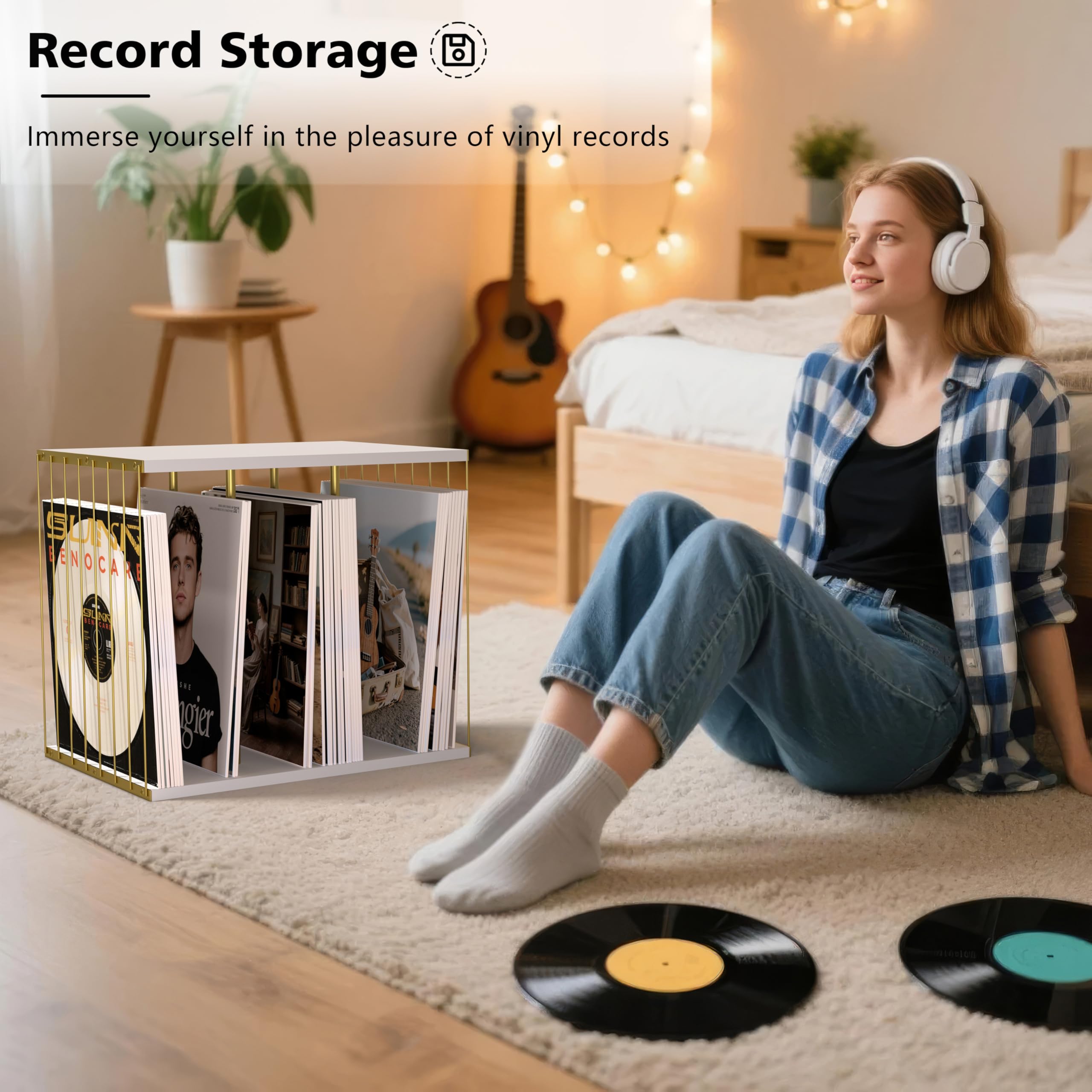 Caisse à vinyles en bois, support vinyles, style vintage multifonctionnel Meuble pour vinyle avec 3 compartiments, support tourne-disque vinyle jusqu'à 100 albums, pour salon ou bureau (blanc)