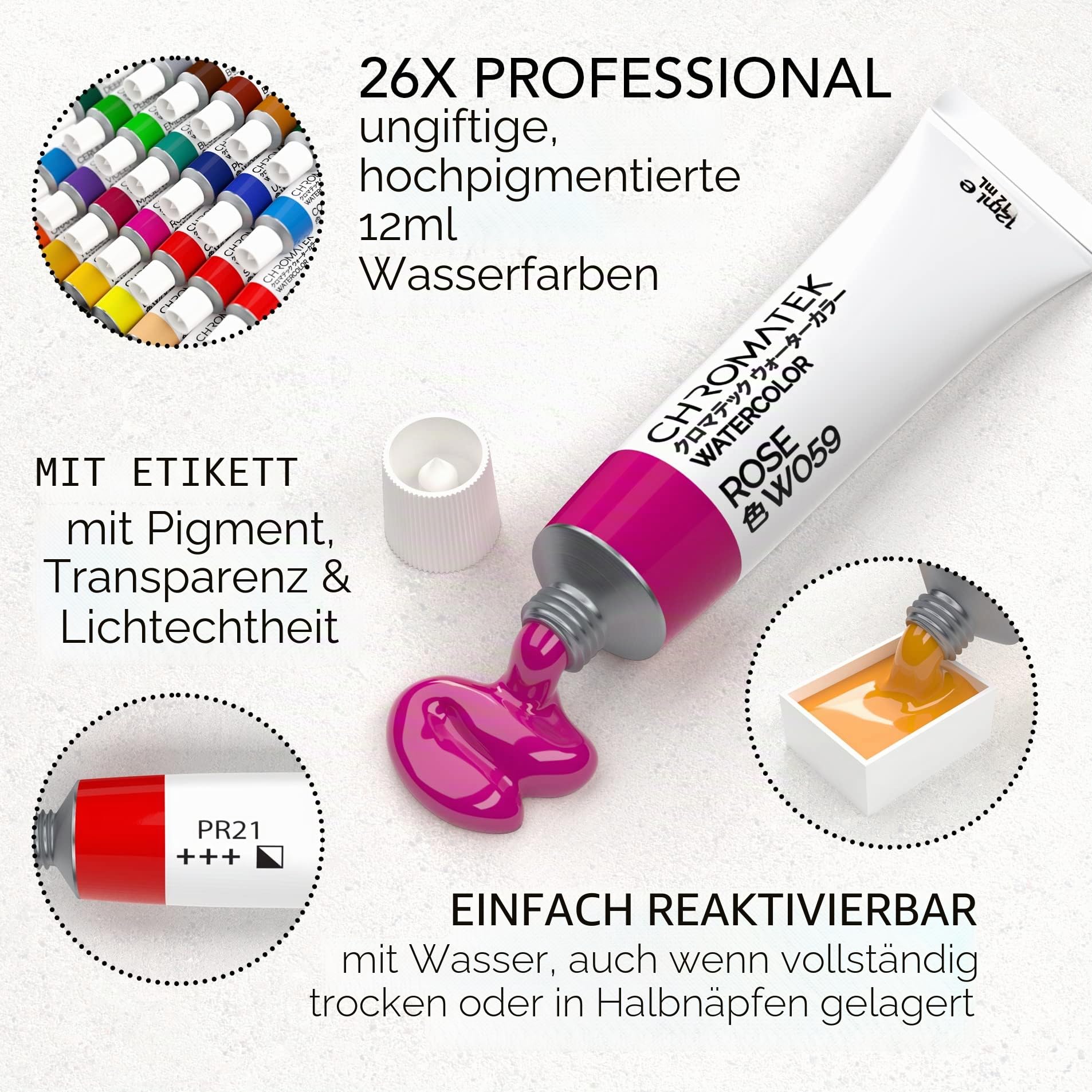 CHROMATEK Aquarellfarben-Set | 26 x 12 ml Tuben flüssige Wasserfarbe | 2 x professionelle Pinsel | reich pigmentierte, lebendige Farben | Malset für Erwachsene, Kinder, Anfänger und Künstler
