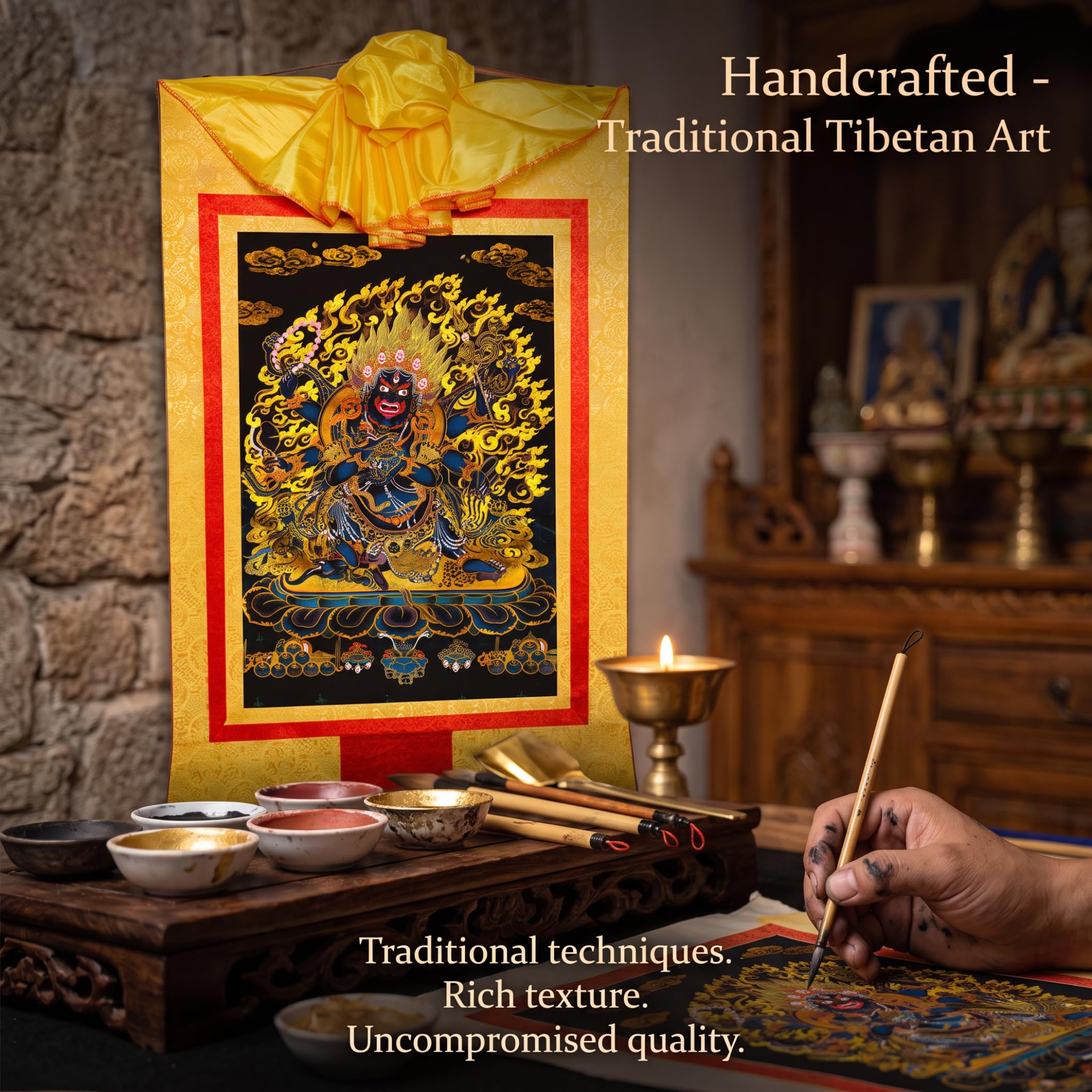 Tsawntd Tibetischer Thangka: Sechsarmiger Mahakala mit Goldprägung, Gold