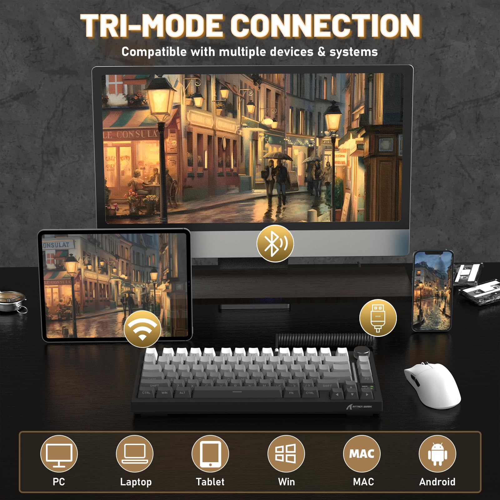 Attack Shark X820Ultra Wireless 75% Mechanical Gaming Keyboard with Screen & Knob Hot Swappable 2.4GHz/BT/Wired RGB Backlit Gasket Mount Side Print PBT Keycap QMK Web Driver Gift Switch-Moonnight