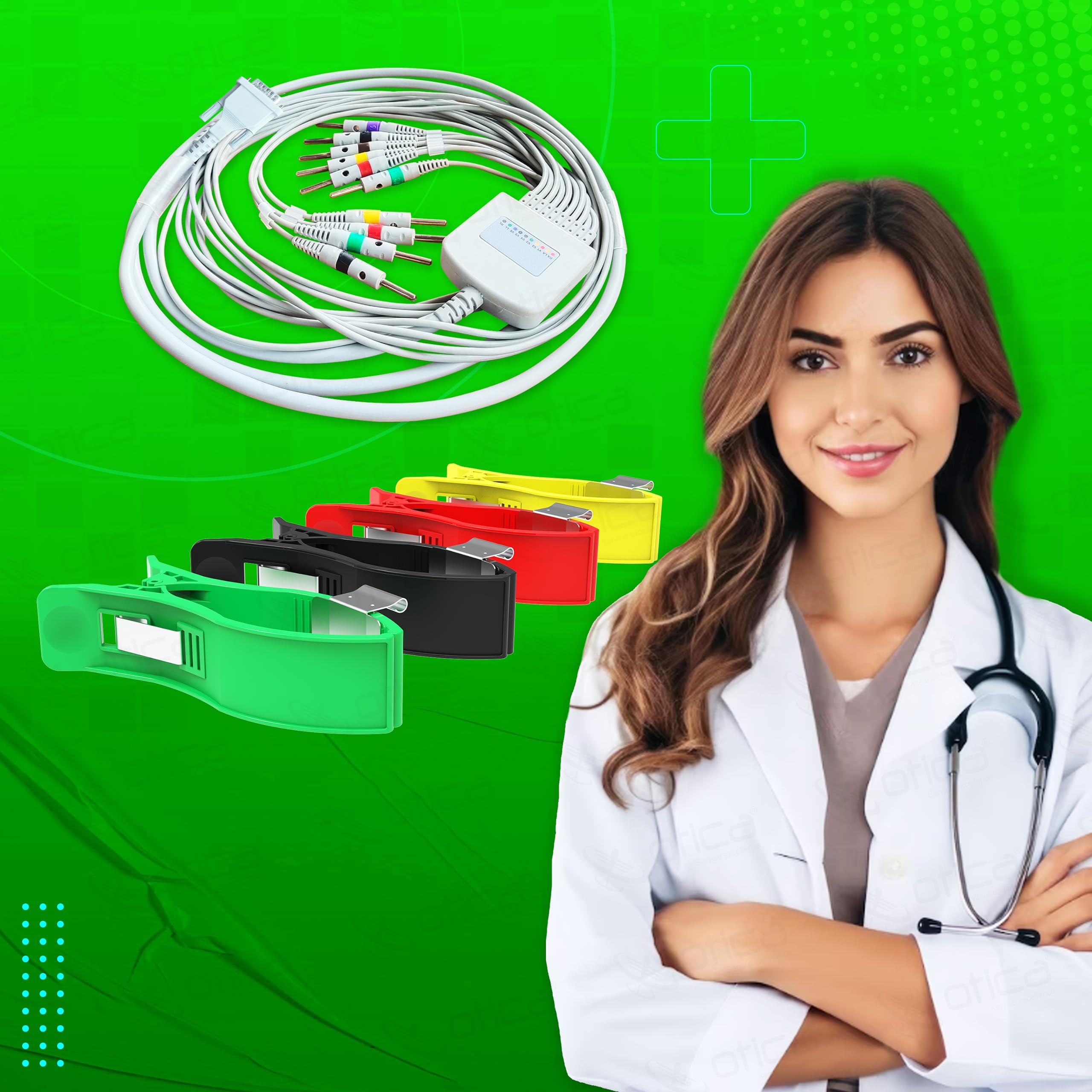 OTICA ECG Cable 10 Lead 4mm Banana Type Pin Compatible with All Brands ECG Machine (Screw Type, Cable+ Limb Electrode)