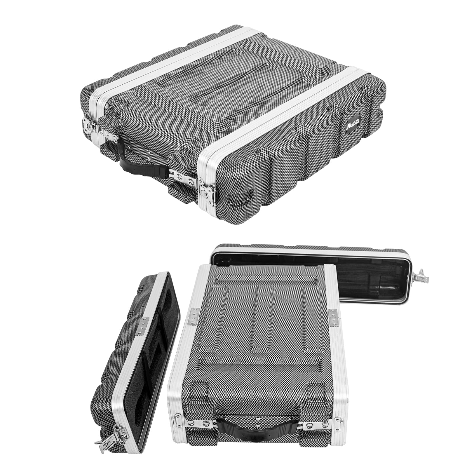 2U ABS Rack Case Shallow 12" Depth, 19" Rackmount Flight Road Travel Case, Waterproof Protective Hard Case with Customized Foam, Wireless Mic System Storage/Amp/Effect/DJ Mixe