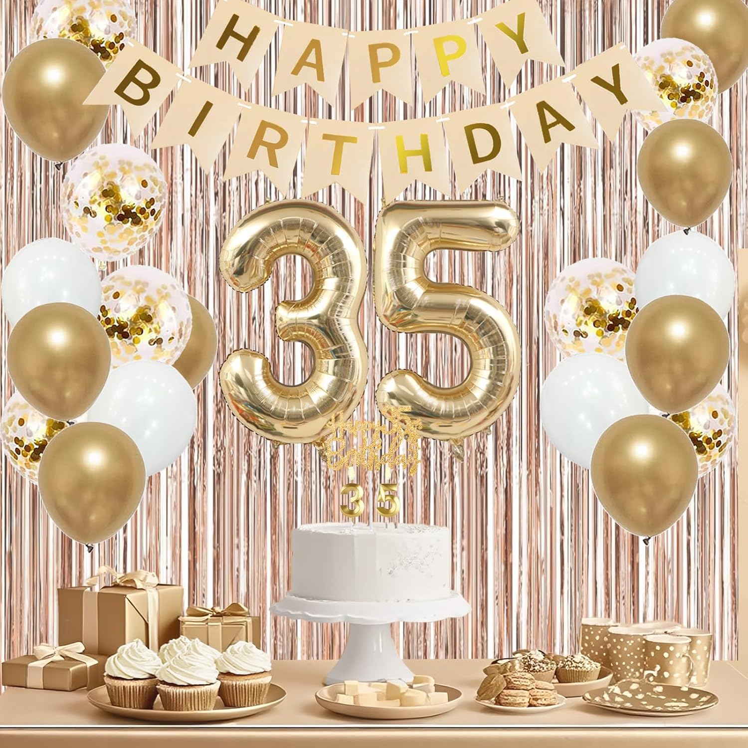 Trgowaul 35th Birthday Decorations for Women, Banner, Sash and Crown, Cake Topper, 35 Number Balloon, Fringe Curtains, Champagne Gold 35th Birthday Party Supplies - Image 4