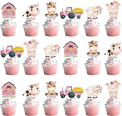 Hotop 48 piezas de decoración para cupcakes de animales de granja, diseño floral rosa, suministros de fiesta de cumpleaños, suministros para baby