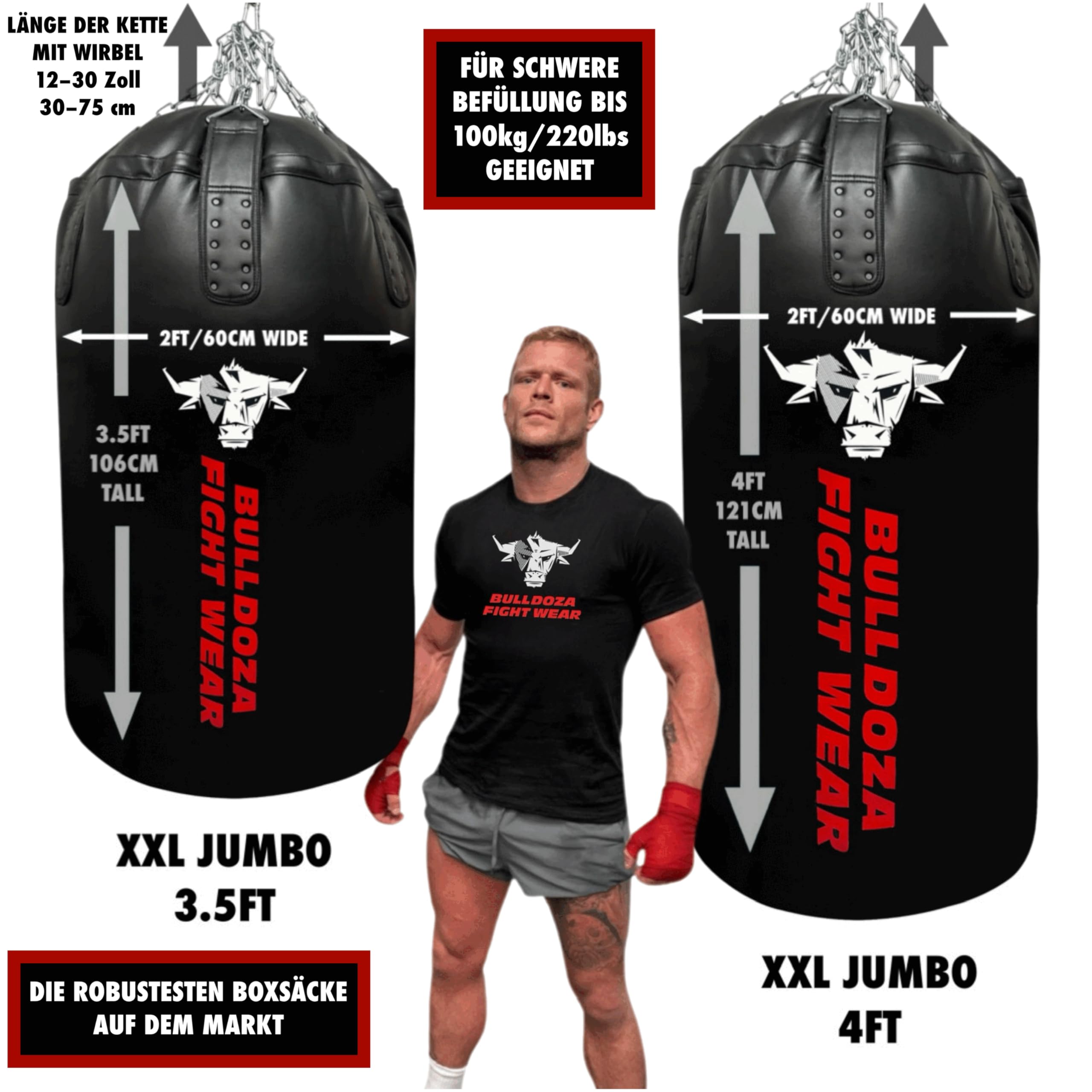 Jumbo Riesiger XXL Bull Doza Fight Wear Heavy Duty Self-Fill Punchingbag Boxsack mit Aufhängeketten, Drehgelenk, Karabiner, Boxsack für MMA, Kickboxen, Muay Thai, Kampfsport