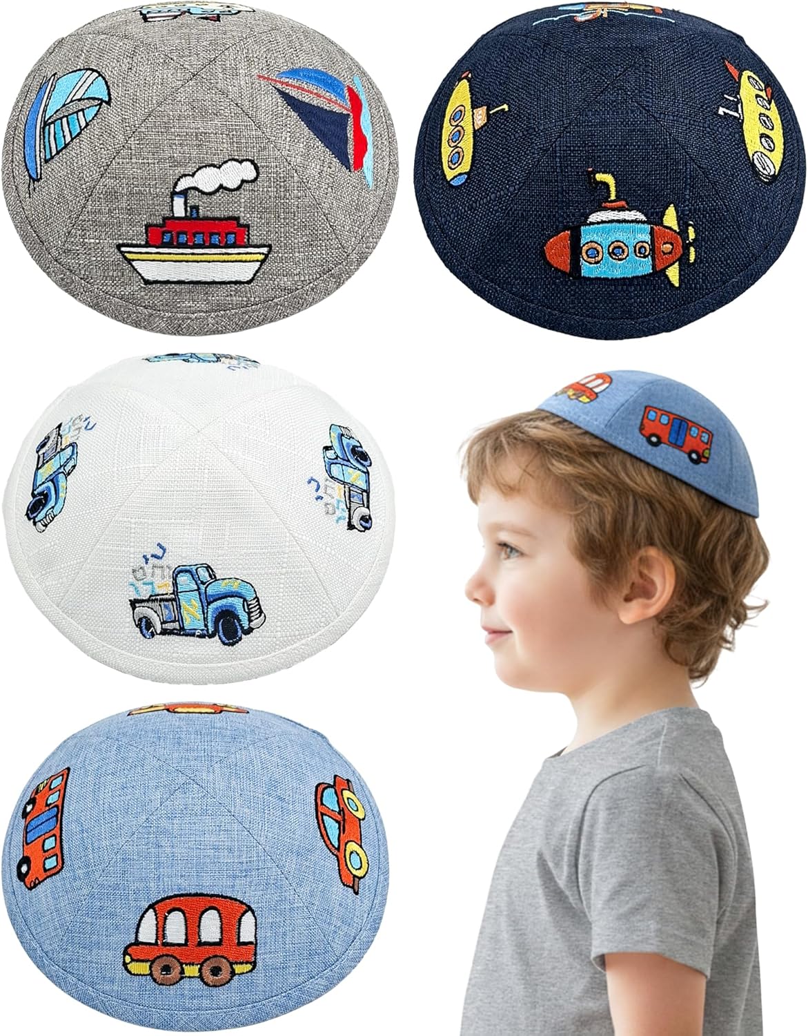 Pack of 4-Pcs - Hq 18cm 4-Colors Kids Linen Kippah Set - Colorful Vehicles & Ship Embroidered Yarmulkes for Boys, Yamaka Hat from Israel - Kippot Bulk