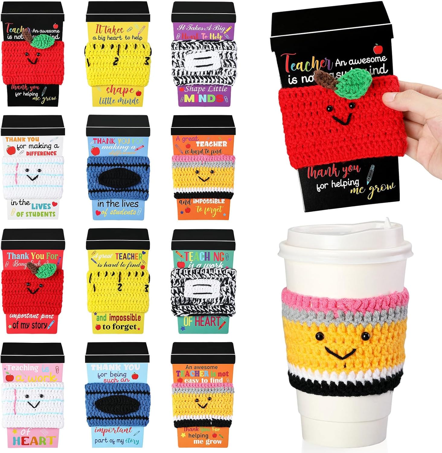 Zhehao 12 Set Teacher Appreciation Gift Card Crochet Coffee Cup Sleeve Coffee Cup Composition Notebook Crayon Thank You for Helping Me Grow Appreciation Week Teacher Gift Graduation Party Favors
