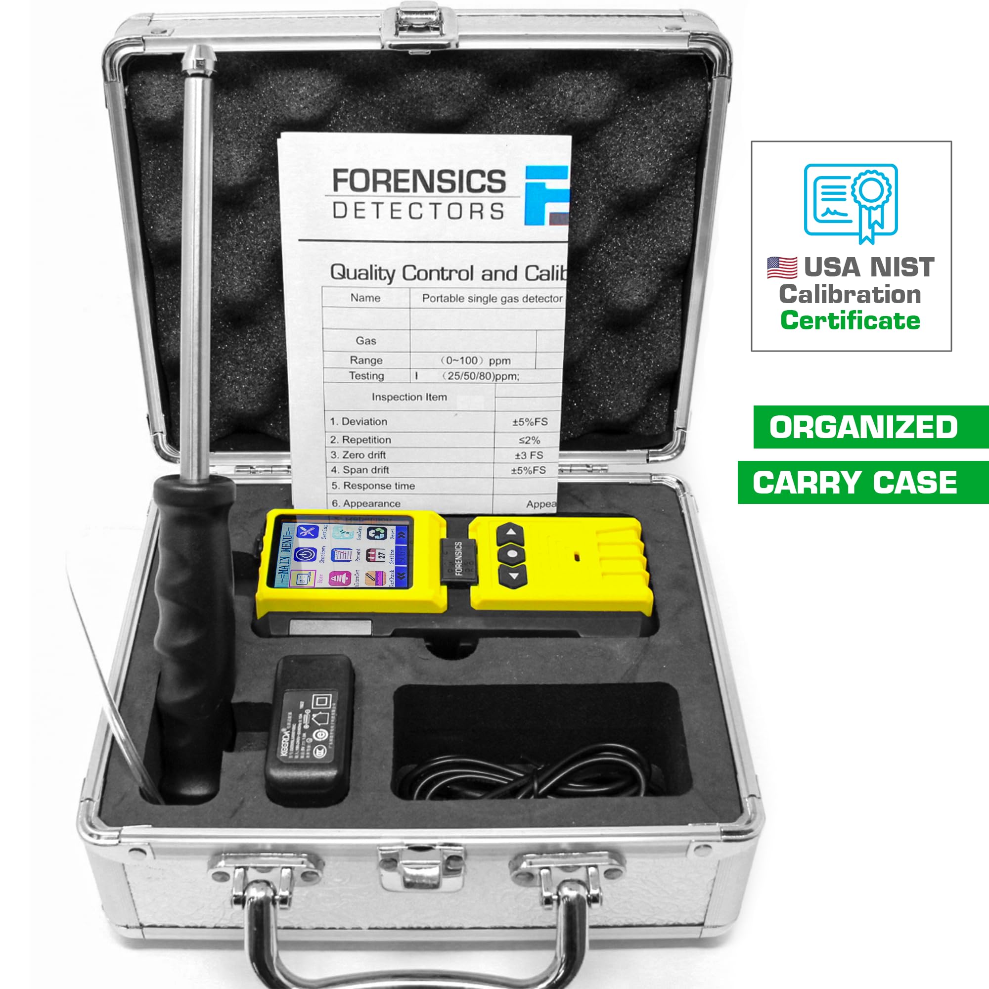 Rilevatore di Monossido di Carbonio per Ispettori by Forensics | Certificato di Calibrazione EU & USA | Pompa Integrata e Sonda da 4 ft |