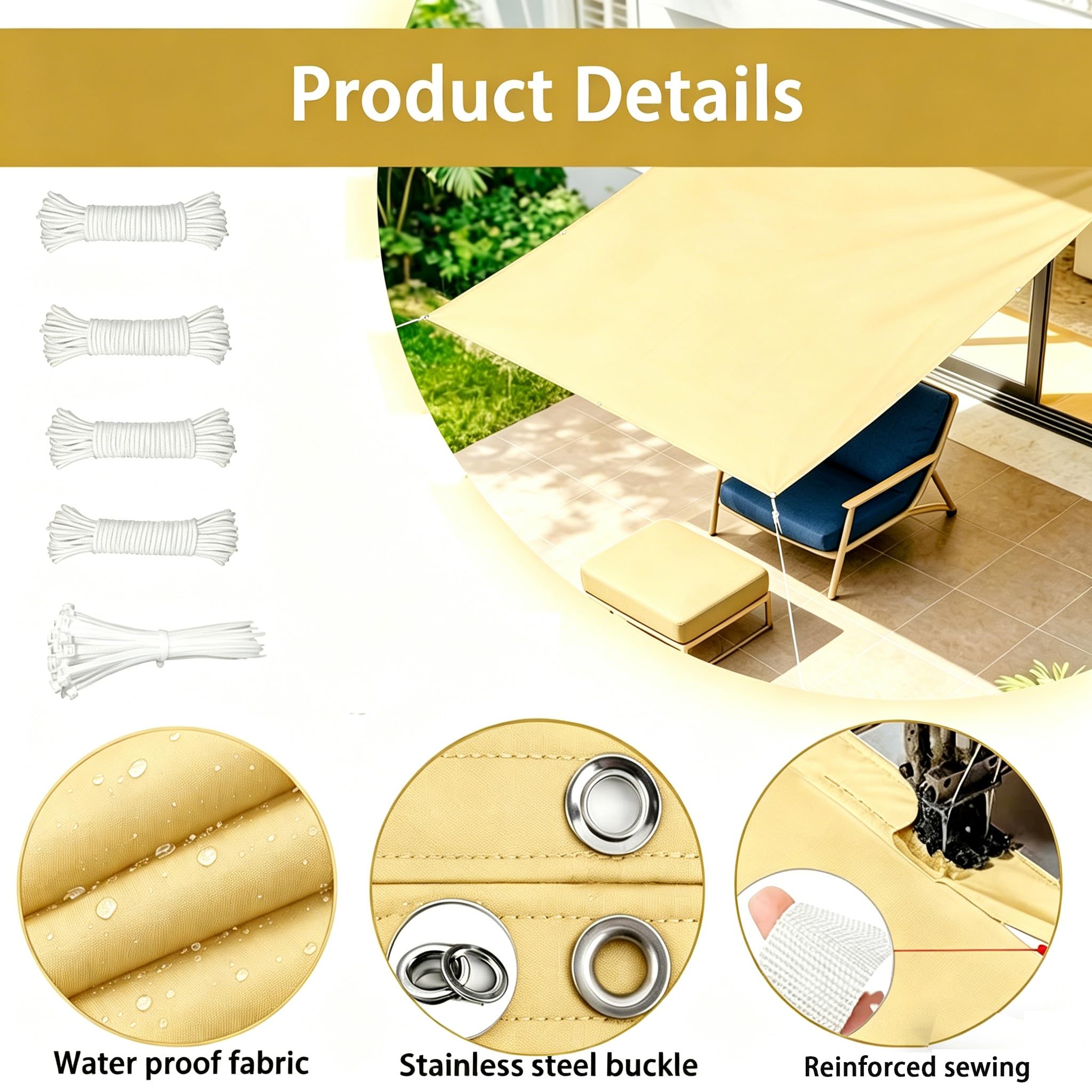 Sonnensegel Wasserdicht 1.5x5.5M/150x550cm Sonnensegel Rechteckig,Mit Ösen Multi Größe Markisenstoff UV Schutz,Polyester Segeltuch Sonnenschutz Balkon Terrasse inkl Befestigungsseile-Hellgelb