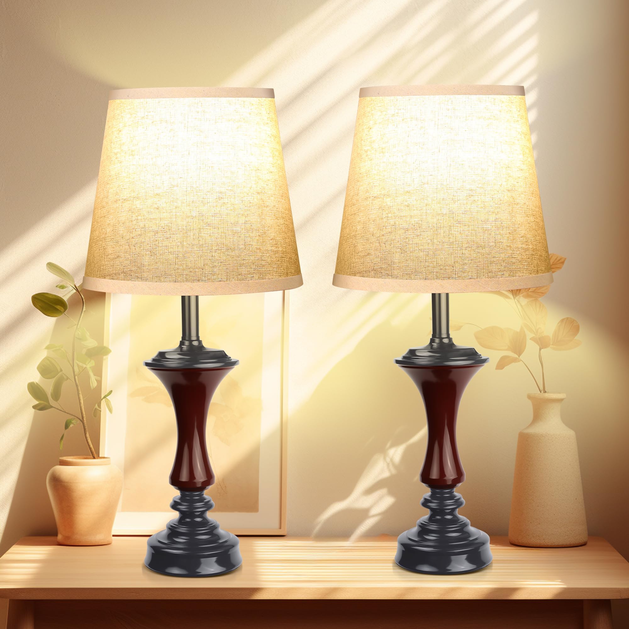 Set of 2 Table Lamps with Fabric Shade Farmhouse Table Lamps UL Bedside Nightstand Lamps for Bedroom, Living Room, Rustic Vintage, Home Office (Red)