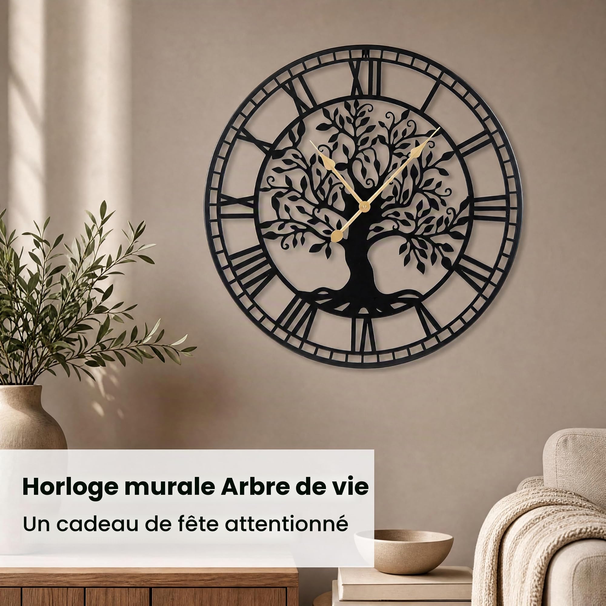 LIFEZEAL Grande Horloge Murale Silencieuse 68 cm, Horloge Murale Design Moderne Arbre de Vie en Métal, Pendule sans Tic-Tac à Piles, Décoration Murale pour Salon, Chambre, Bureau (Style1)