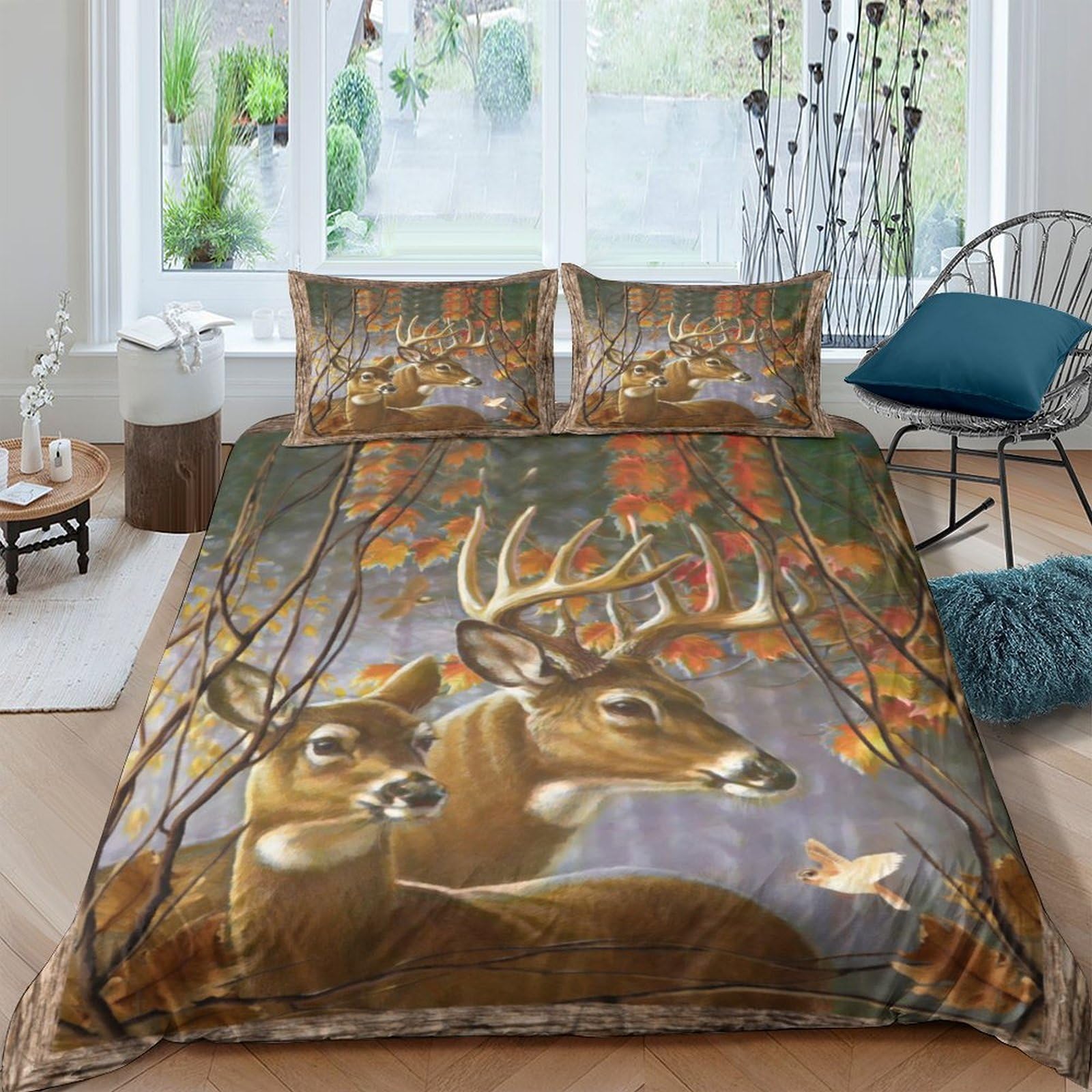 Ctjqhvkz Style-4 3D Printed Autumn Deer Fitted Sheet Microfiber Soft Breathable Woodland Bed Sheet For Bedroom Guest Room Decor Single（135X200cm）