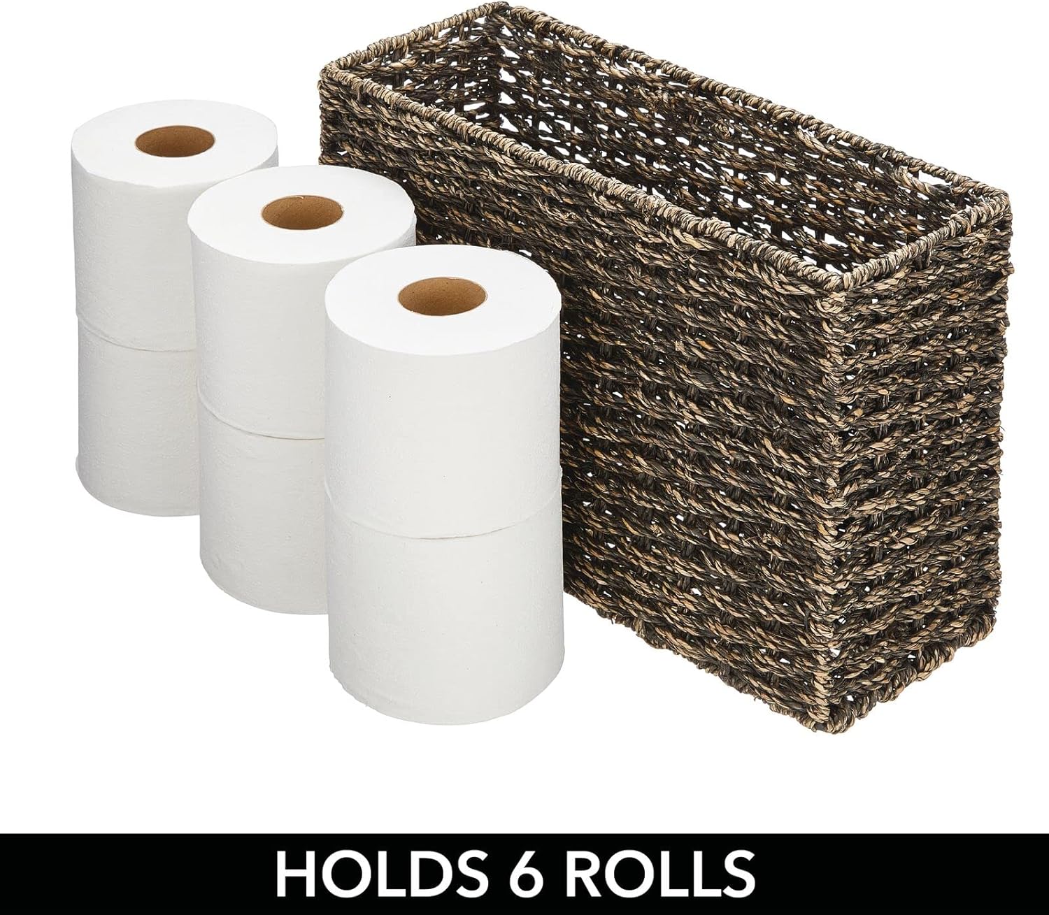 mDesign Rustic Farmhouse Woven Seagrass Toilet Paper Holder Basket - Large Storage Organizer Tank Topper for Bathroom Counter or Top of Toilet - Holds 6 Rolls of Toilet Paper - Black Wash