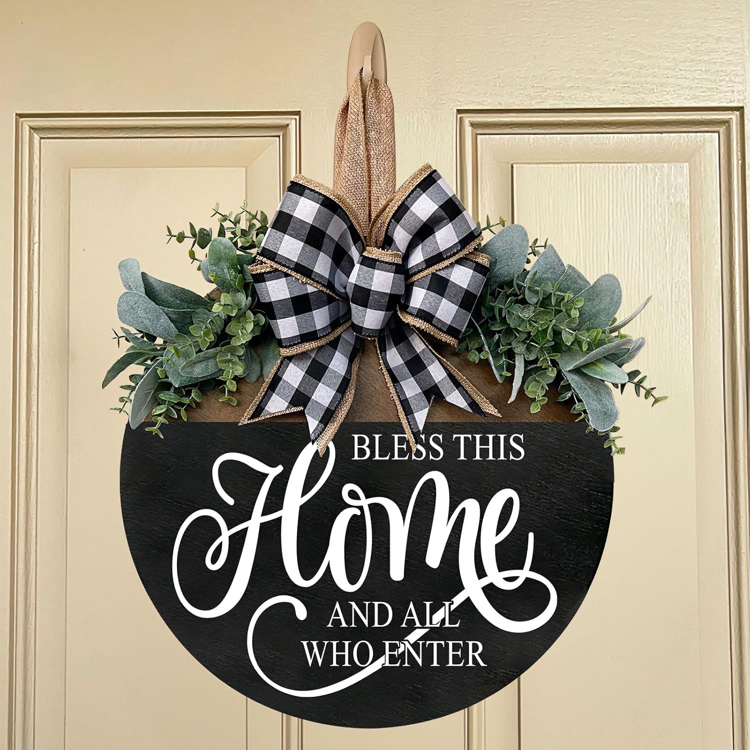 Bless This Home Welcome Sign for Front Door, Rustic Wood Wall Decor Porch Wreaths Hanging Door Decorations for Home Outdoor for Spring Summer Fall All Seasons Holiday
