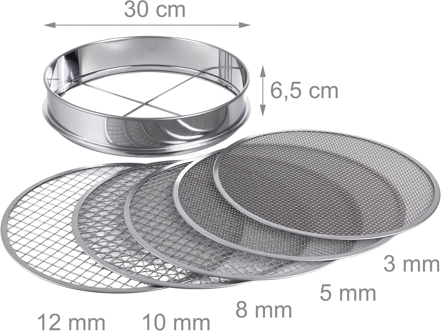 Diagram showing the dimensions of the sieve: 30 cm diameter and 6.5 cm height, along with the five mesh sizes: 3mm, 5mm, 8mm, 10mm, 12mm.
