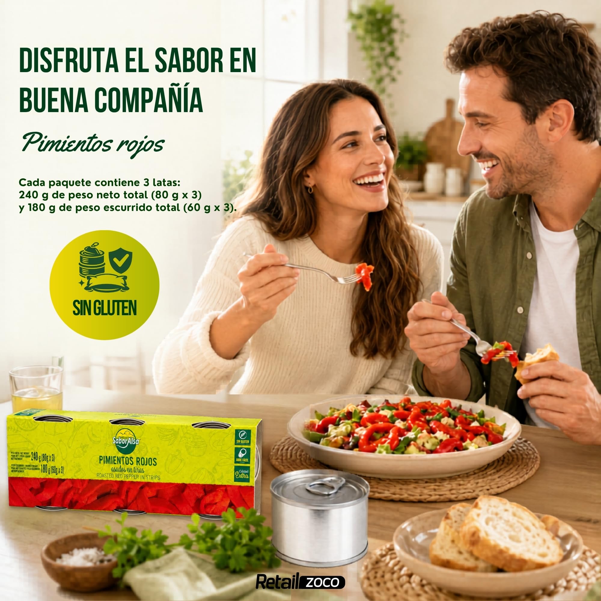 Pimiento rojo asado en tiras, Pimientos en tiras en lata, ingrediente estrella de la dieta mediterránea, Peso Neto por lata 80 gr, Peso escurrido 60 gr, Pack de 12 latas de 80 gr