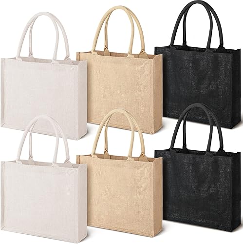 6 Pack Burlap Tote Bags Reusable Beach Bags Burlap Bags Blank Jute Bag with Handles for Party Grocery Travel Shopping DIY