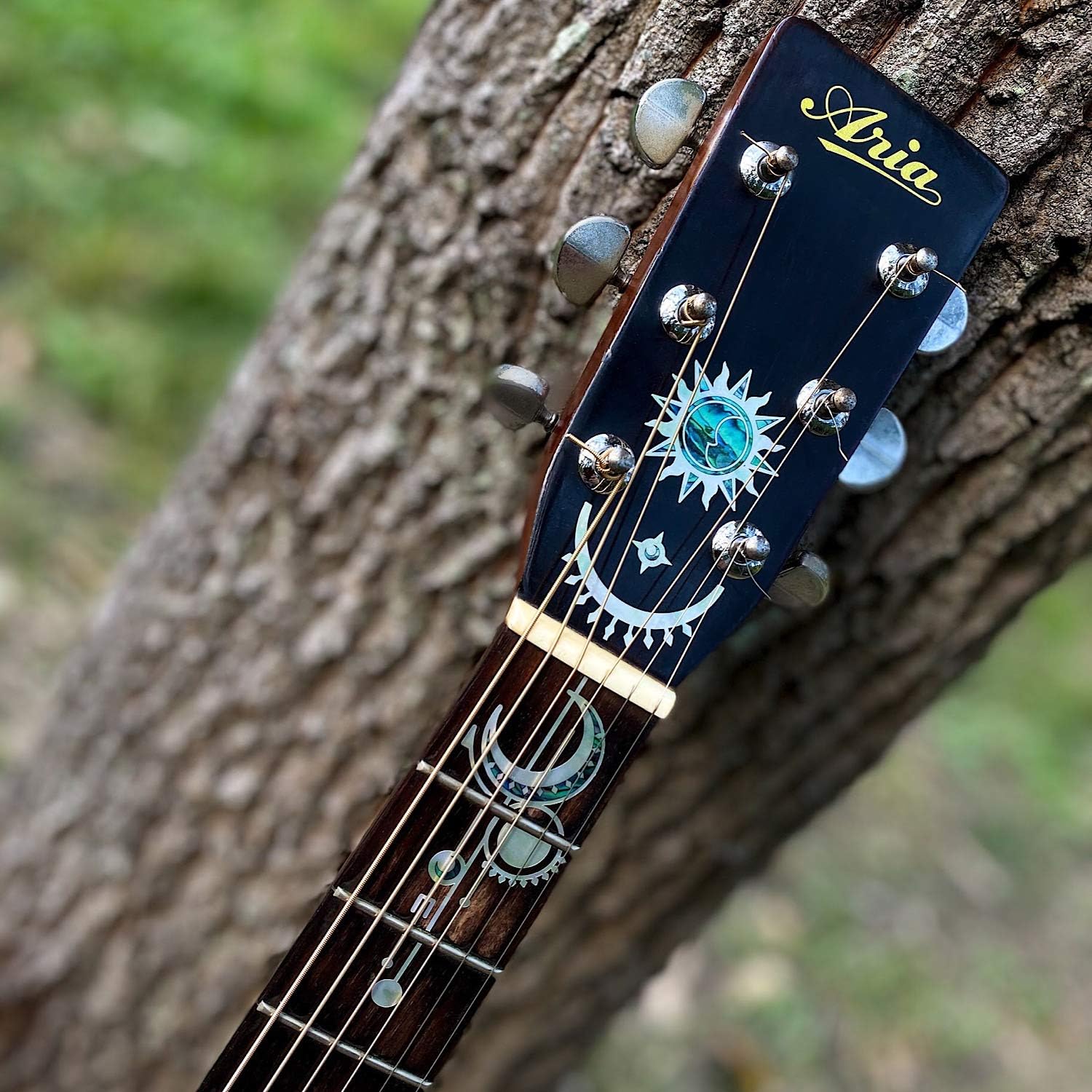 Inlay Stickers for Acoustic Guitars Head & Neck - Geometric Sun & Moon - White Pearl
