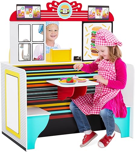 Lil' Jumbl Juego de madera de doble cara para restaurante y cocina, comedor interactivo para niños de 3 a 8 años con luces, sonidos y accesorios