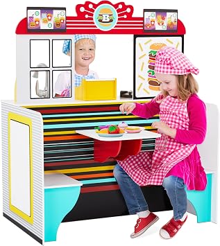 Lil Jumbl Wooden Double-Sided Restaurant & Kitchen Playset Interactive Pretend Diner for Kids Ages 3-8 with Lights, Sounds & Realistic Accessories