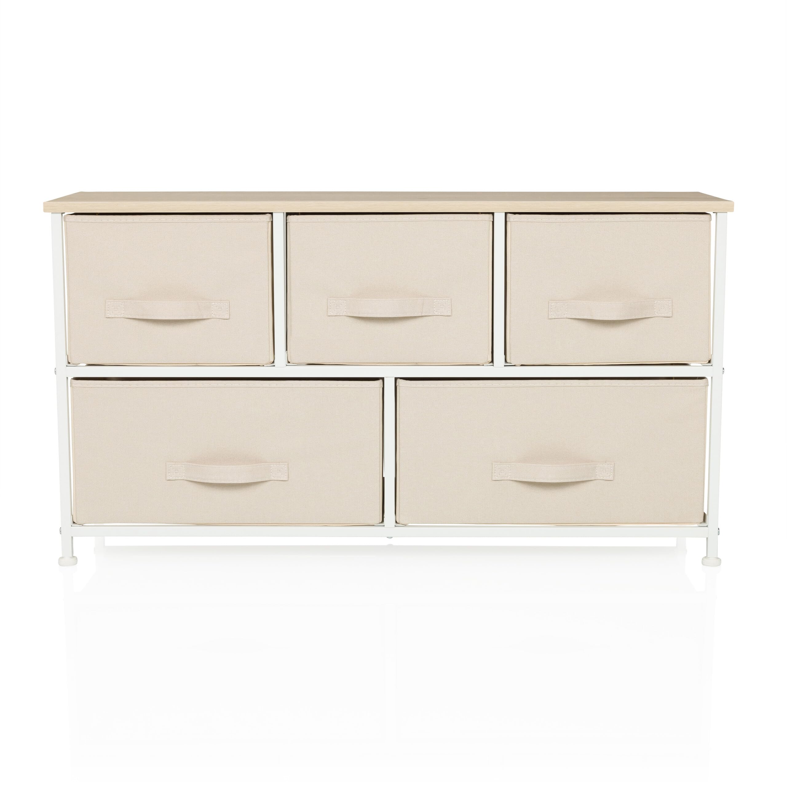 Kommode mit 5 Stoffschubladen, 100x30x55 cm, Beige | Schubladenkommode Organizer, höhenverstellbare Fußgleiter, Metall-Gestell