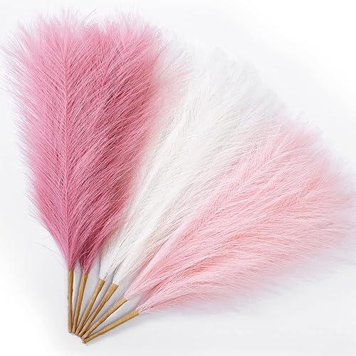 Serwalin Pampas Grass Pink Decor 17.7 Inch 6pcs, Faux Pampas Grass Home Decor, Artificial Pampas Grass Blush Fake Pampas Decor, Short Vase Filler Room Decoration, Wedding Centerpieces Christmas