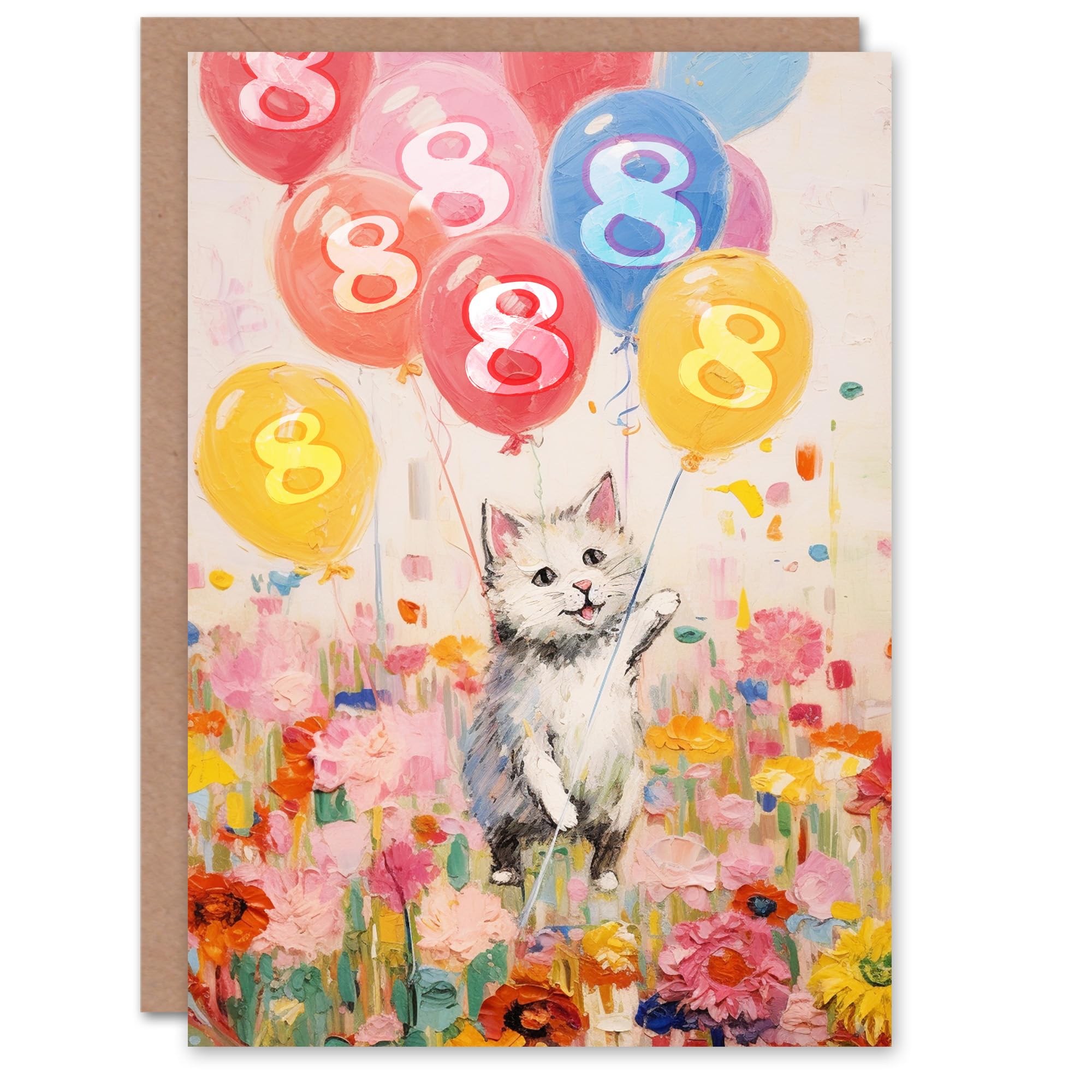 Artery8 8th Birthday Greeting Card Flowers Kitty Cat Balloons Kids Age 8 Year Old Child