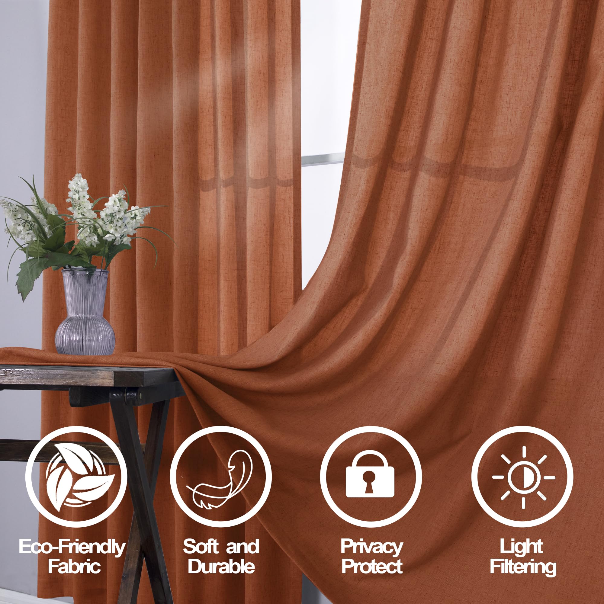 Cortinas para Salas Modernas Bohemian-Vorhänge für Wohnzimmer, mit Rückenlasche, Boho-Stil, Leinen, halbtransparent, Terrakotta-Vorhang, 228 cm lang, 2 Paneele, Cooles, maximalistisches Rost-Dekor