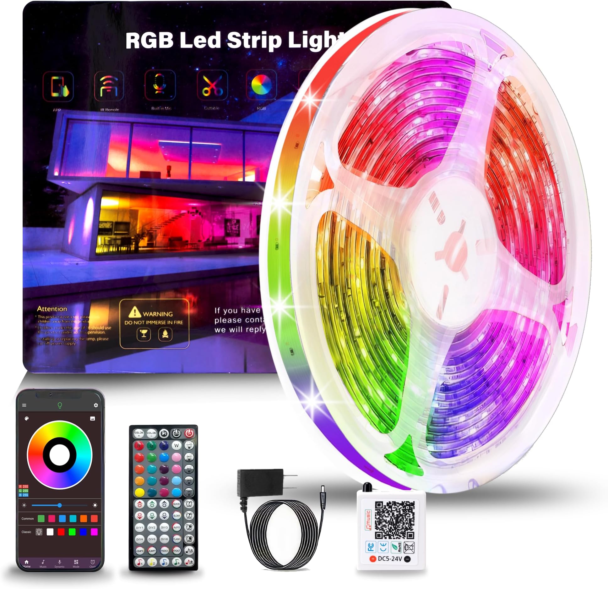 NBBUFF - 100ft RGB LED Lights, Music Sync, Remote & APP Control, Multicolor, for Room and Party