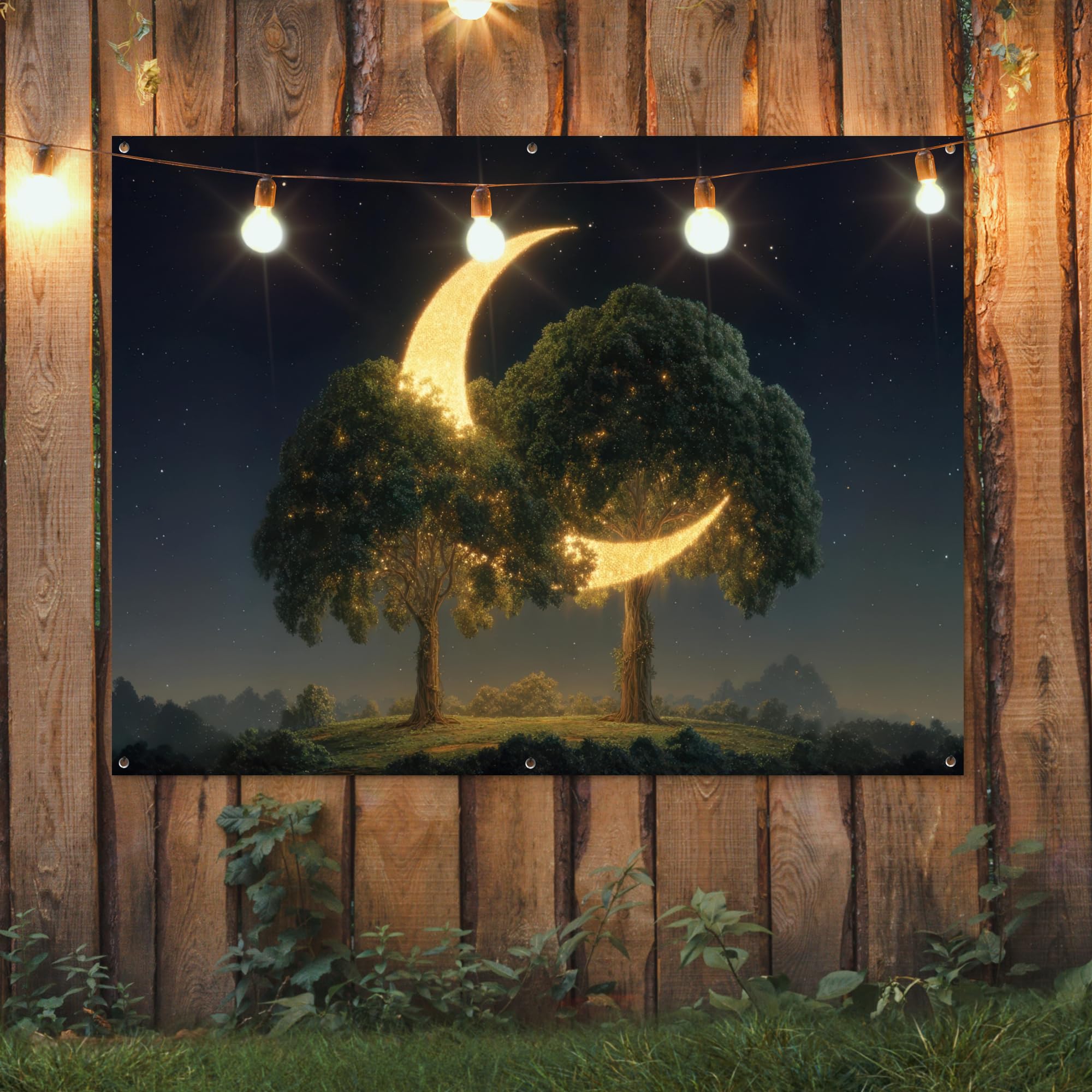 MuchoWow© Poster De Jardin Decoracion Balcón Wall Decoration Adornos Pared | 160x120 cm - Terraza Exterior Decoración Patio Posters Decorativos Luna - Árboles - Descanso
