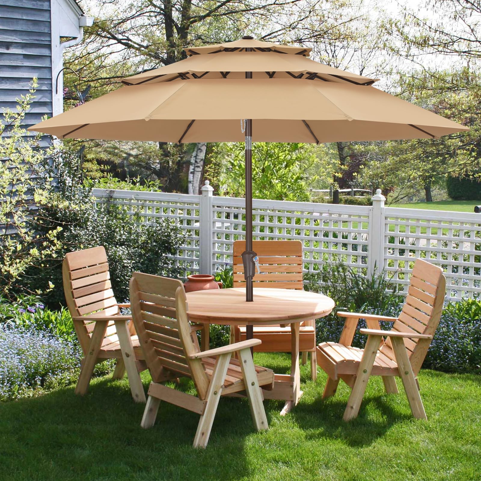 3 tier wood patio umbrella Amazon.com : ABCCANOPY 9Ft 3 Tiers Market Umbrella, Outdoor Table Umbrella  for Patio, Deck, Backyard (Dark Gray) : Patio, Lawn & Garden