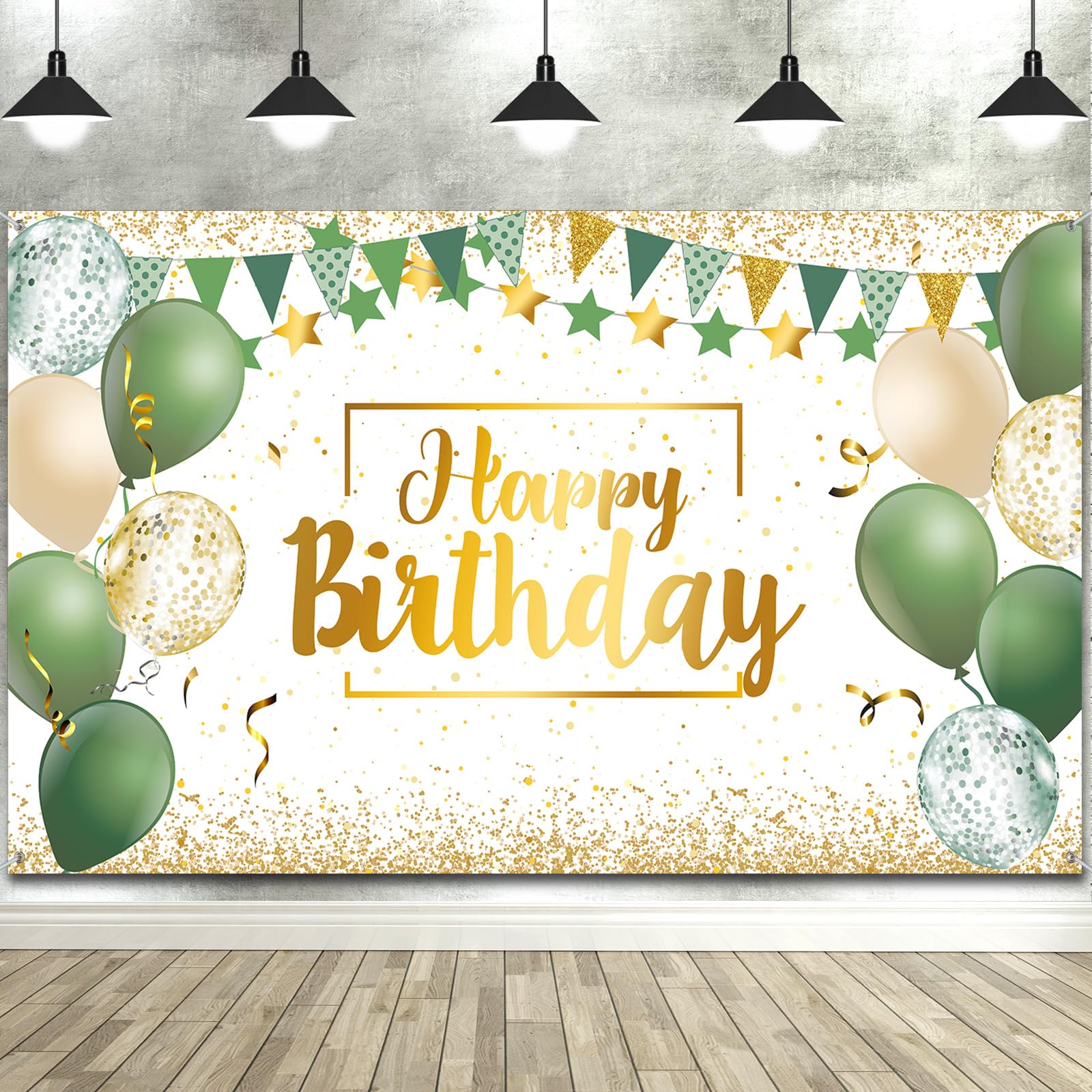 Tatuo Happy Birthday Decorations Backdrop Banner, Glitter Birthday Backdrop Sign Poster Party Supplies Photo Background for Men Women, 72.8 x 43.3 Inch (Green and Gold)