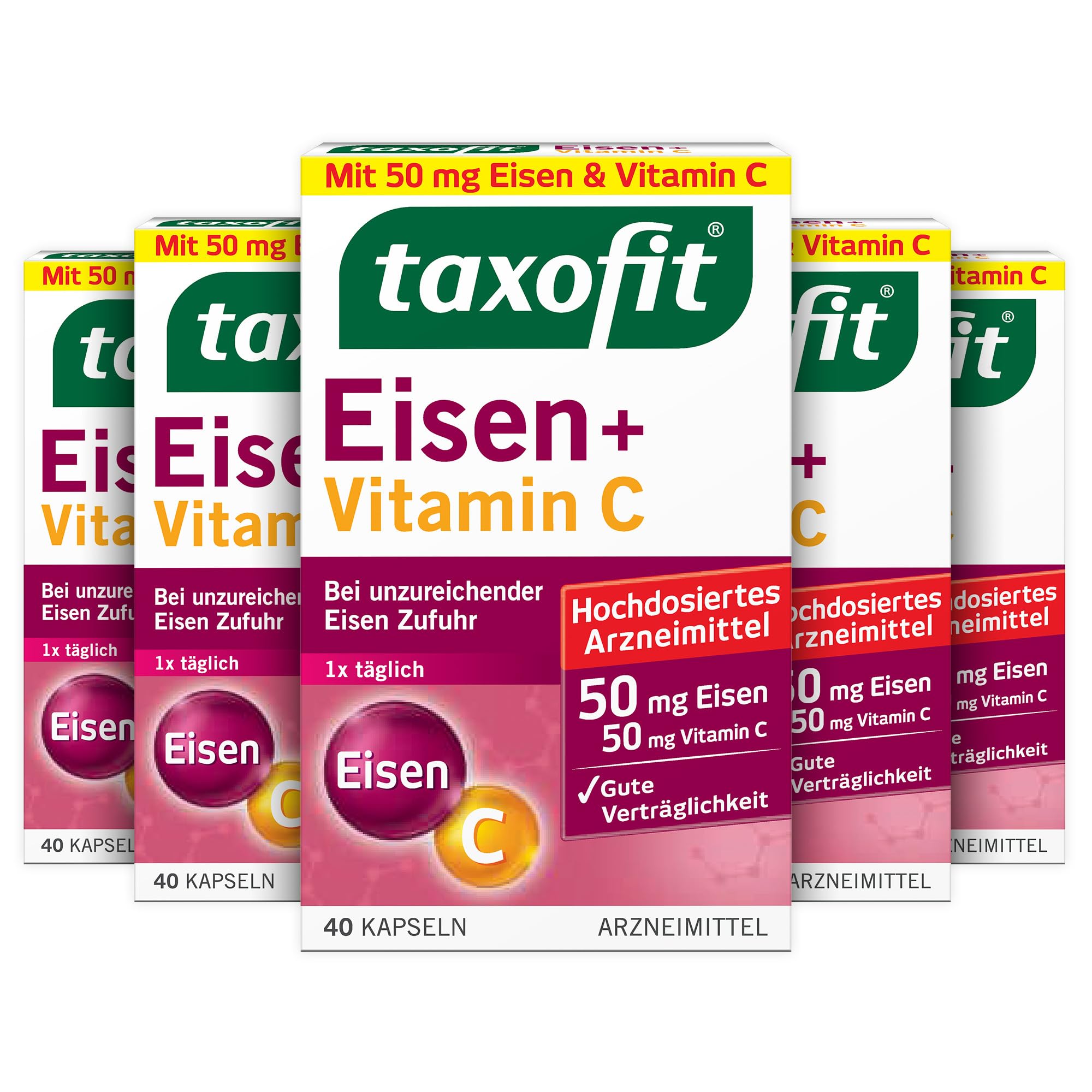 taxofit Eisen + Vitamin C | Bei unzureichender Eisenzufuhr | Kapseln | 5 x 40 Stück