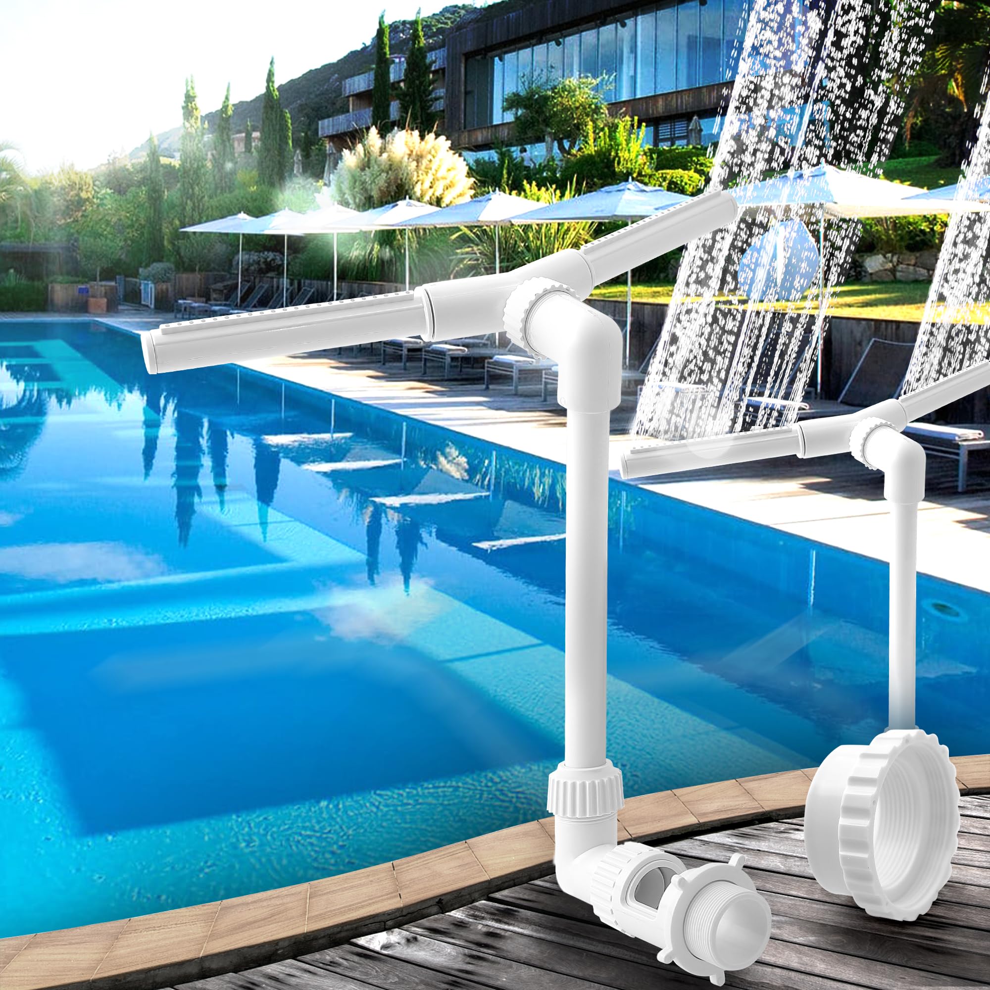 Pool Fountains for Above Ground Pools, Dual Spray Waterfall Pool Sprinkler Fountain, 360° Adjustable Cooling Fountain Above Ground Pool for Backyard Fun & Spa Relaxation
