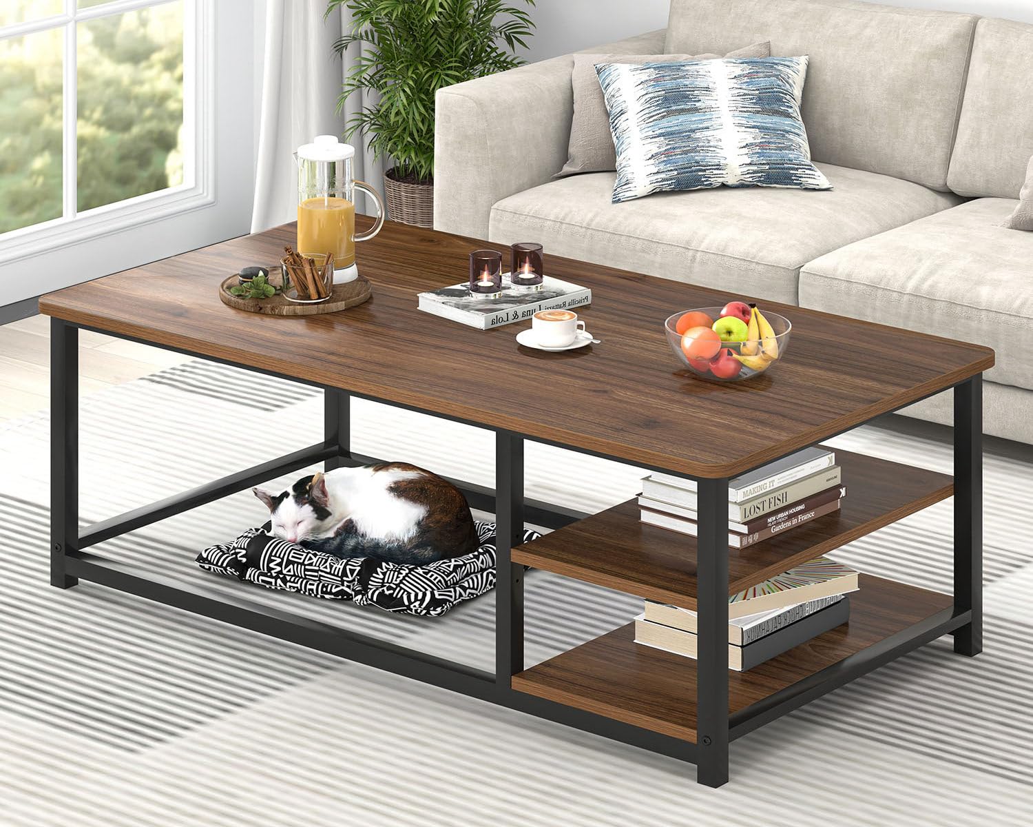 EXCEFUR Modern Coffee Table Rustic Wood and Metal Center Table for Living Room Industrial Rectangle Cocktail Tea Table