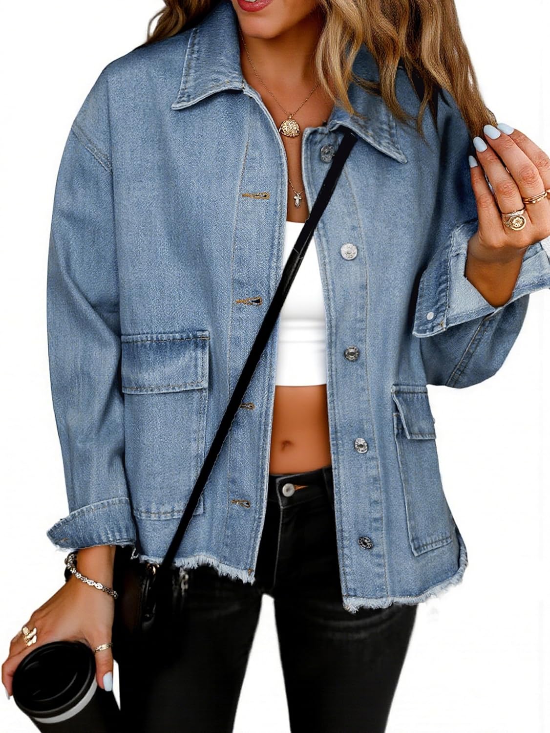 Glamaker Womens Jean Jackets Cropped Casual Denim Jacket Button Down Vintage Loose Frayed Hem Fall Coat with Pockets
