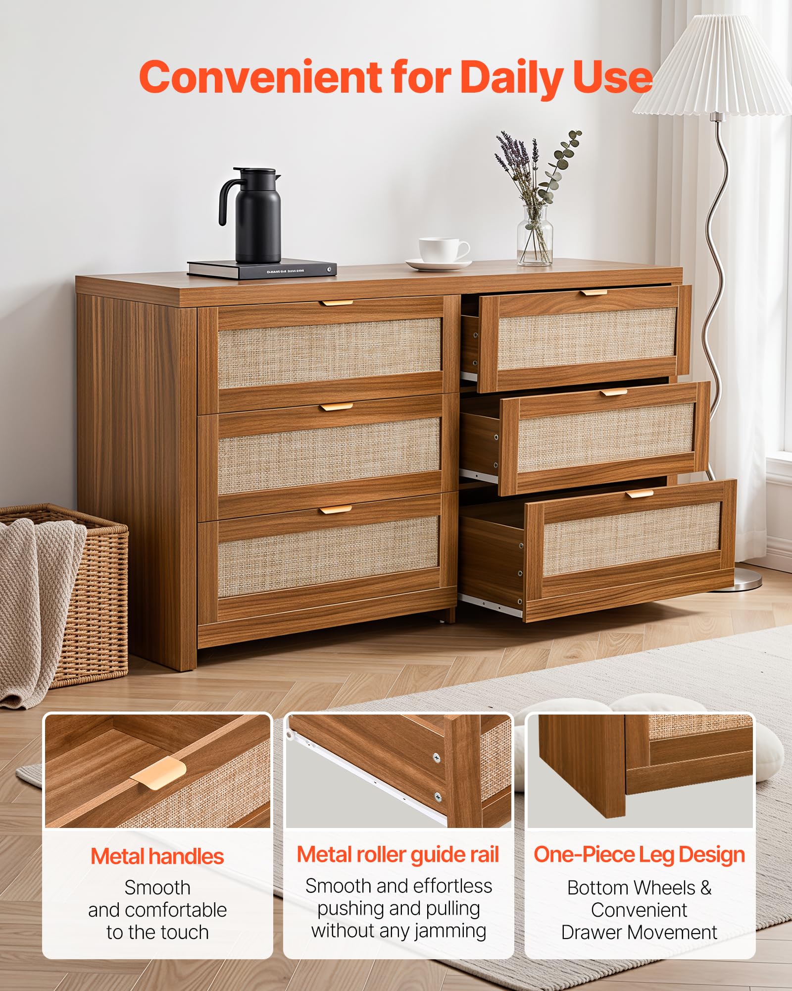 VEVOR Commode en rotin à 6 tiroirs, Meuble de Rangement avec poignées en métal, Organisateur de vêtements et Rangement bohème en Bois, Armoire pour Chambre à Coucher, Salon ou Couloir, Couleur Noyer
