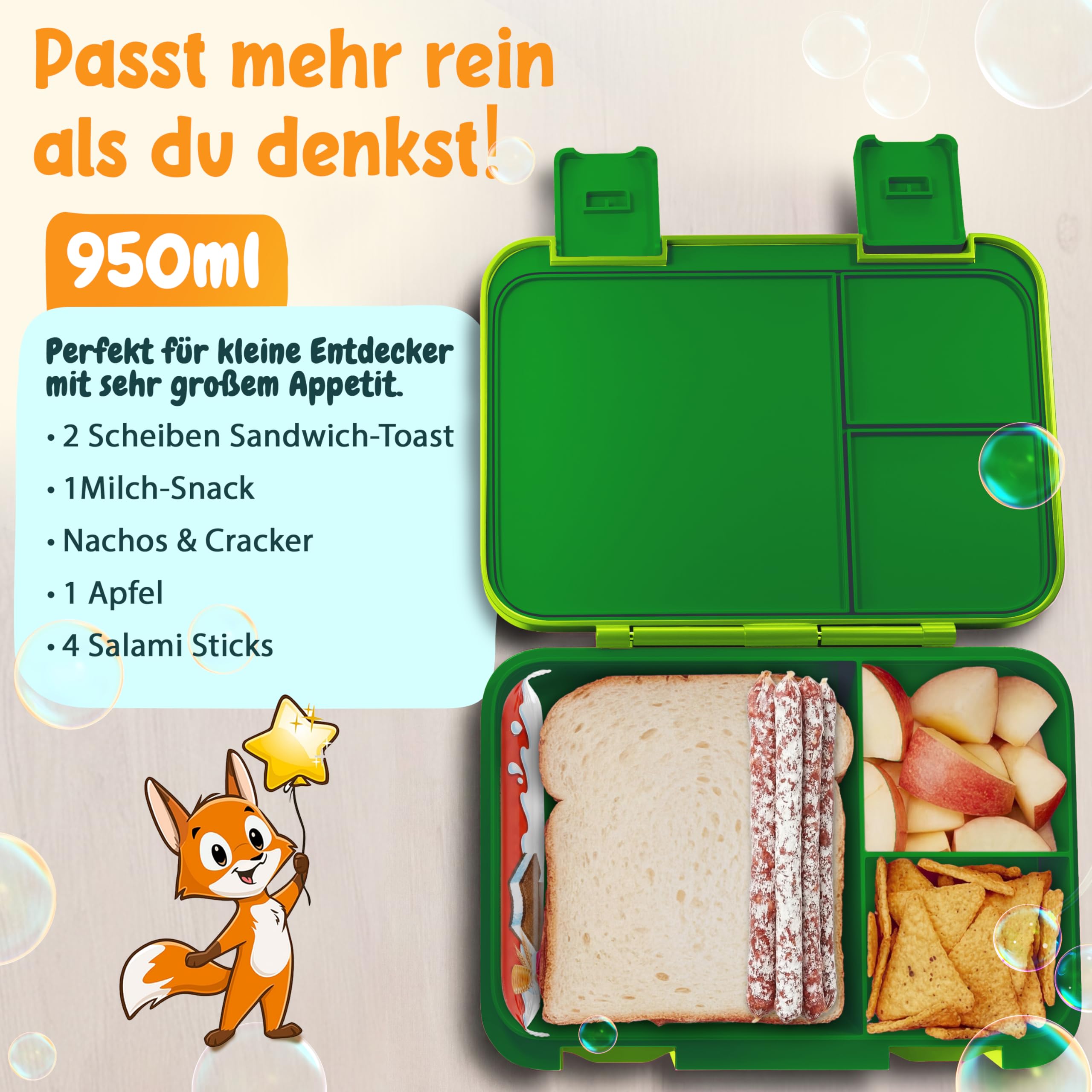 Funkelfuchs LUMI | Brotdose Kinder mit Fächern – 950ml, Grün | Lunchbox BPA-frei für Schule & Kindergarten |Super leicht, nur 350g |Auslaufsicher, Spülmaschinengeeignet | Bento Box, Snackbox, Brotbox