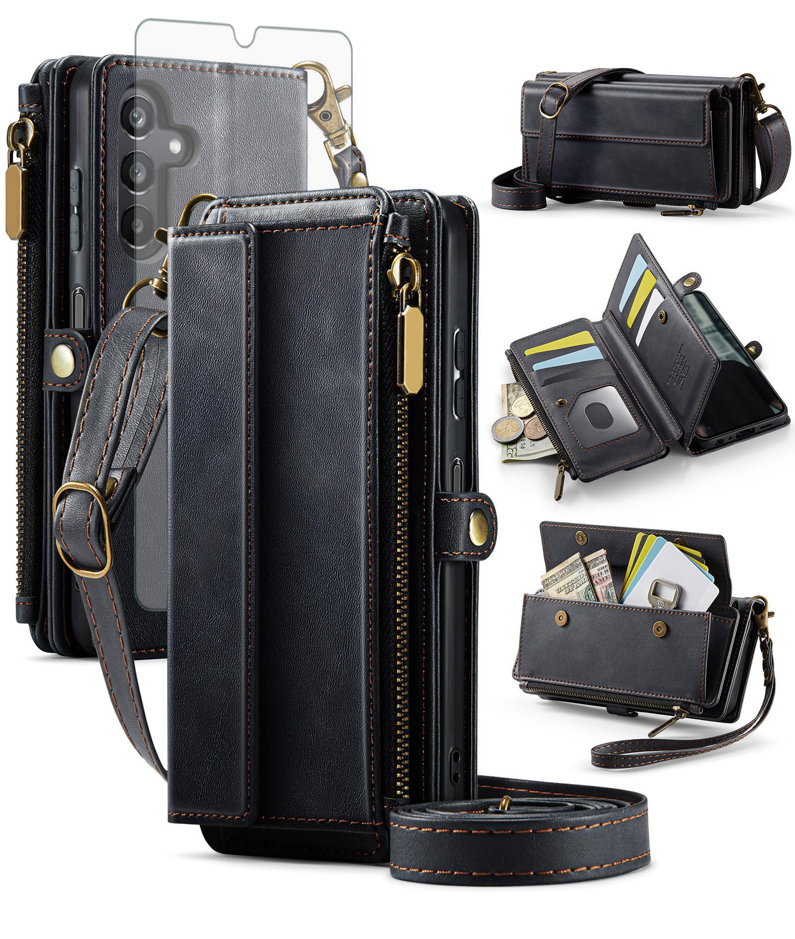 Asuwish Phone Case for Samsung Galaxy A15 5G/4G Zipper Wallet Cover with Tempered Glass Screen Protector and Crossbody Lanyard Strap Flip RFID