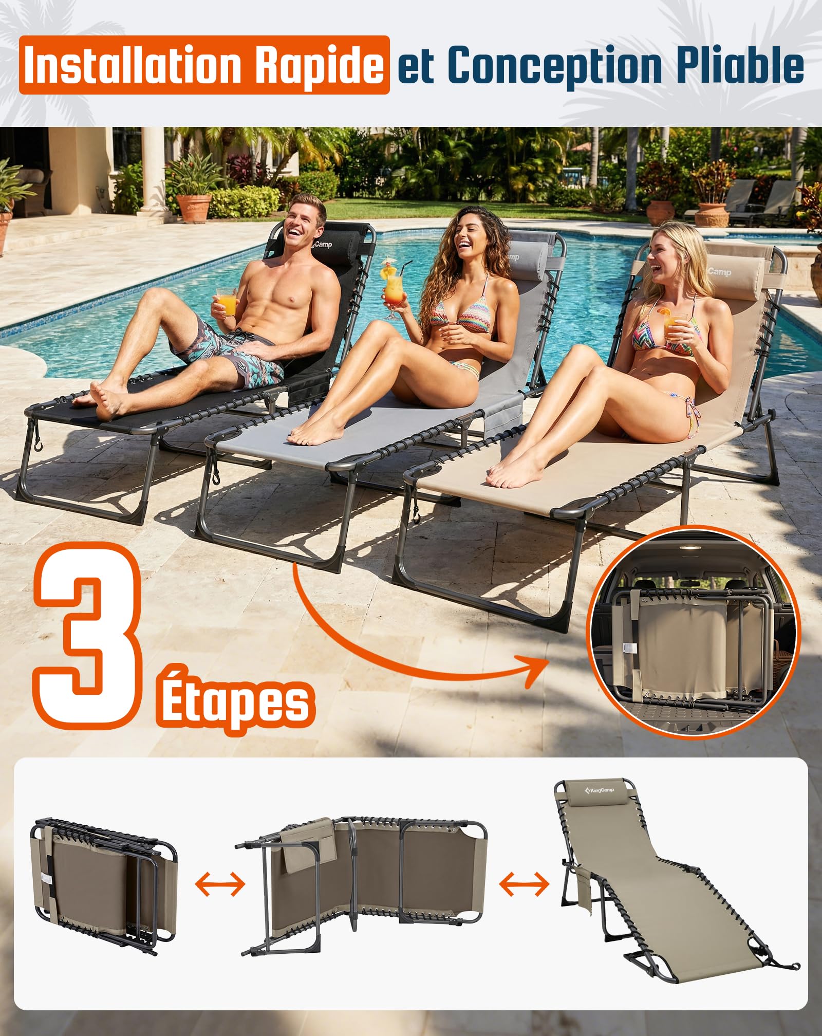 KingCamp Bain de Soleil Pliant 5 Positions Réglable Jusqu'à 180 kg, Beige | Chaise Longue Inclinable Pliable pour Jardin, Anti-Pincement Appuie-Tête Poche, Transat de Relaxation Pliant, Plage Camping