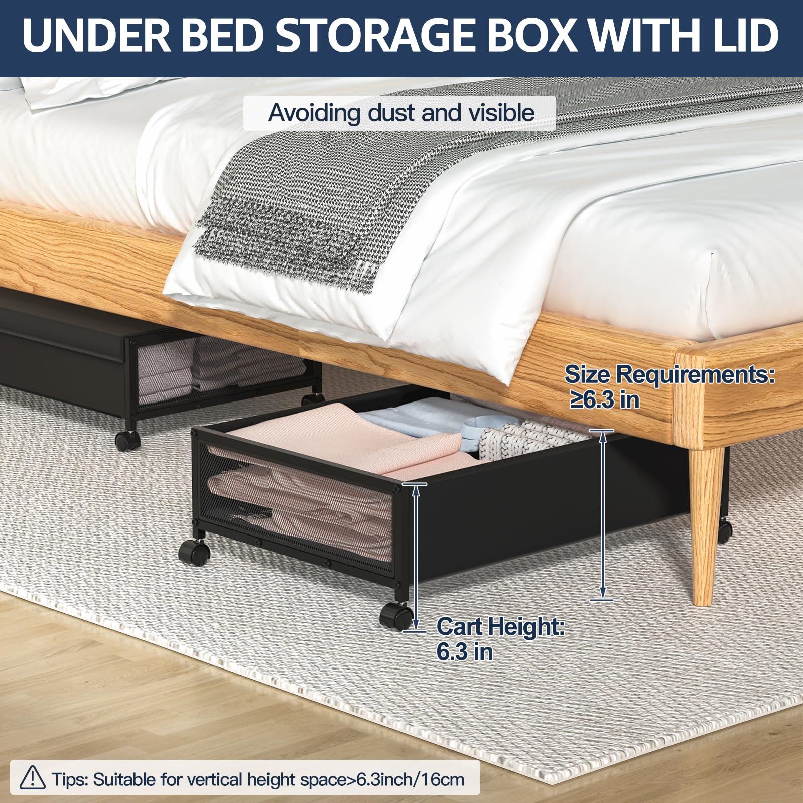 Contenitore sotto il letto con ruote, contenitore sotto il letto con coperchio, contenitori in metallo, contenitore per scarpe, vestiti, giocattoli, snack, libri (1 confezione)