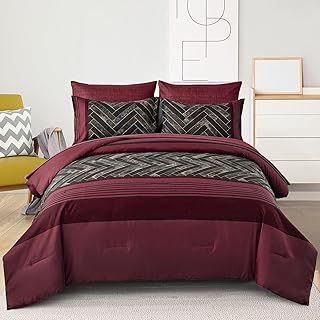 Luxudecor Burgundy Comforter Set Queen Size 7 Pieces Red and Black Stripe Bed in a Bag Geometric Comforter and Sheet Set, ...