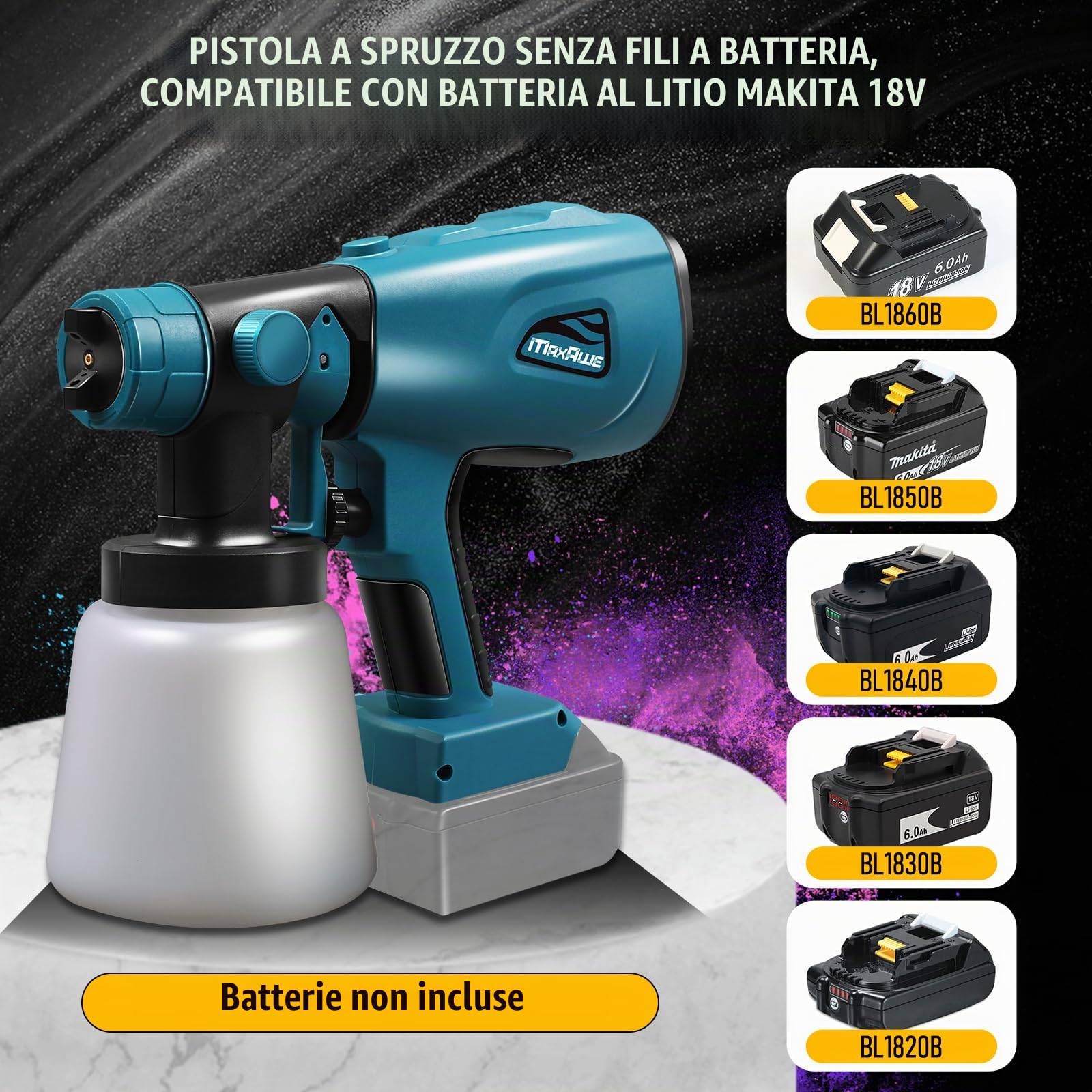 MaxAwe Pistola a spruzzo a batteria elettrica per batterie Makita da 18 V, pistola per verniciatura con 4 ugelli e 3 modelli di spruzzo, pistola a spruzzo per dipingere pareti, recinzione da giardino