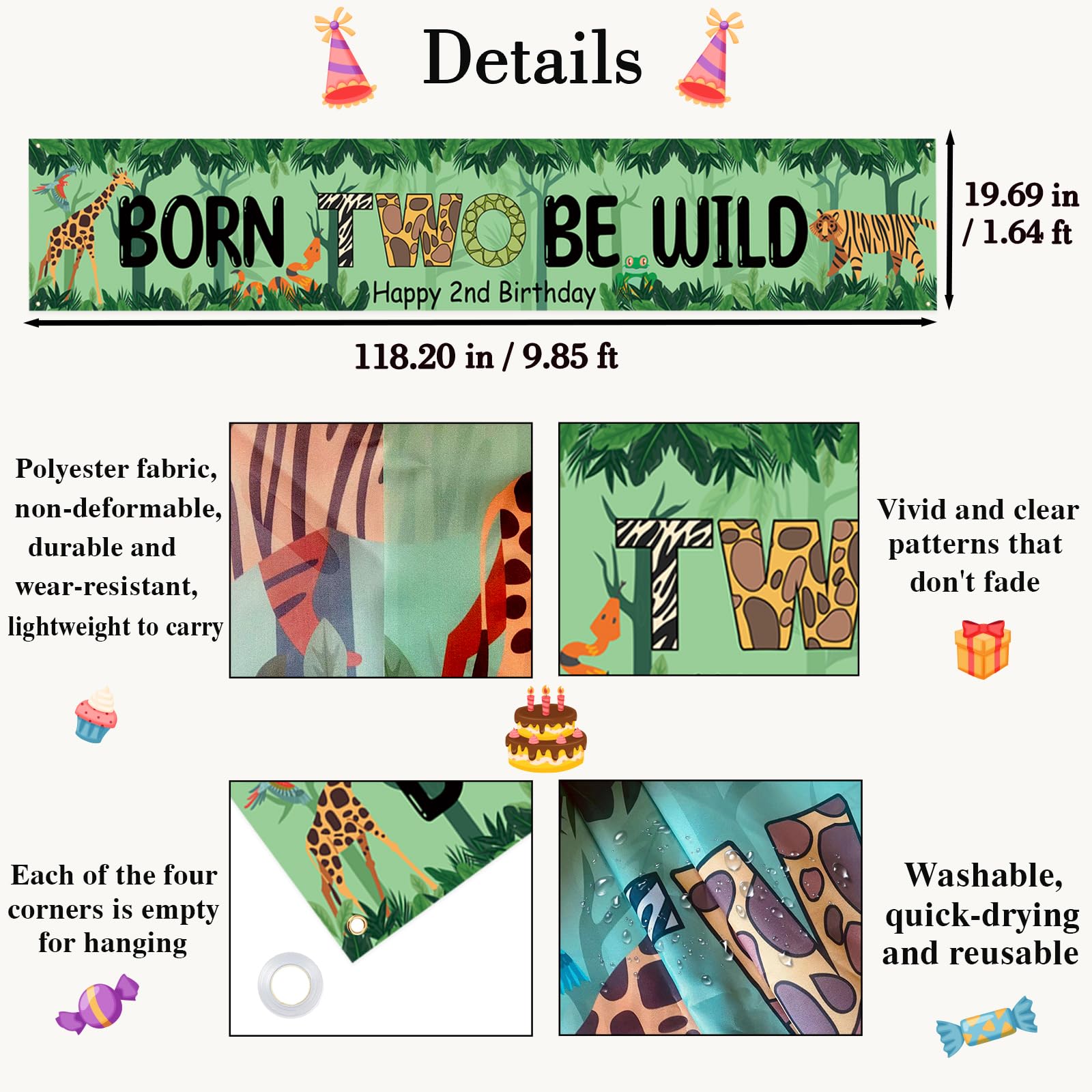 Kimini-Ki Lager Born Two Be Wild Banner, Tierthema 2. Geburtstag Banner für Jungen/Mädchen, zwei Jahre altes Hofschild, Dschungel Giraffe Tiger Elefant Löwe Safari Thema 2. Geburtstag Dekorationen
