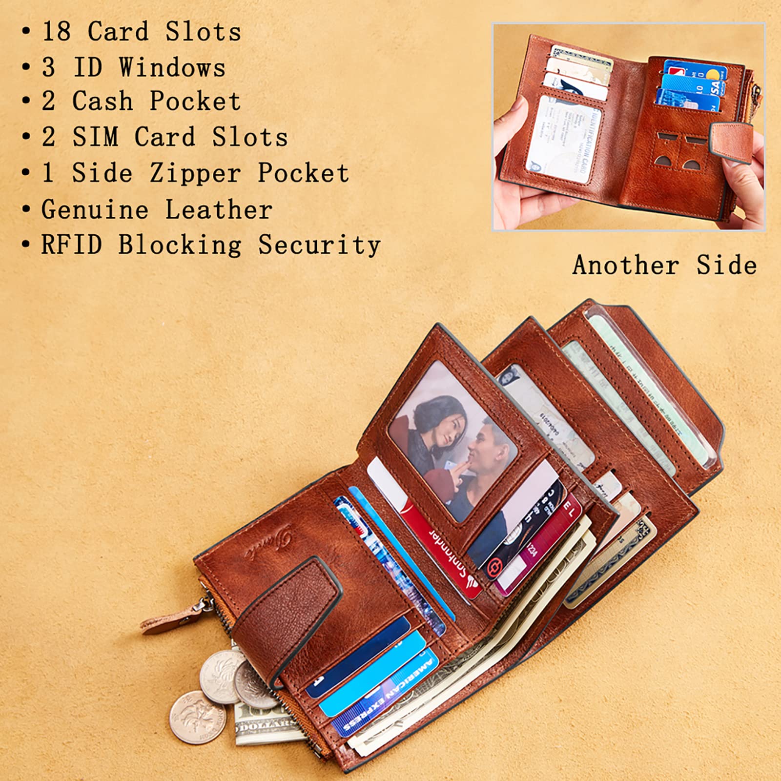 Portafogli, Portafoglio in Pelle con Cerniera for Documenti d'identità Tasca Portamonete e Porta Carte di Credito(Bruin)