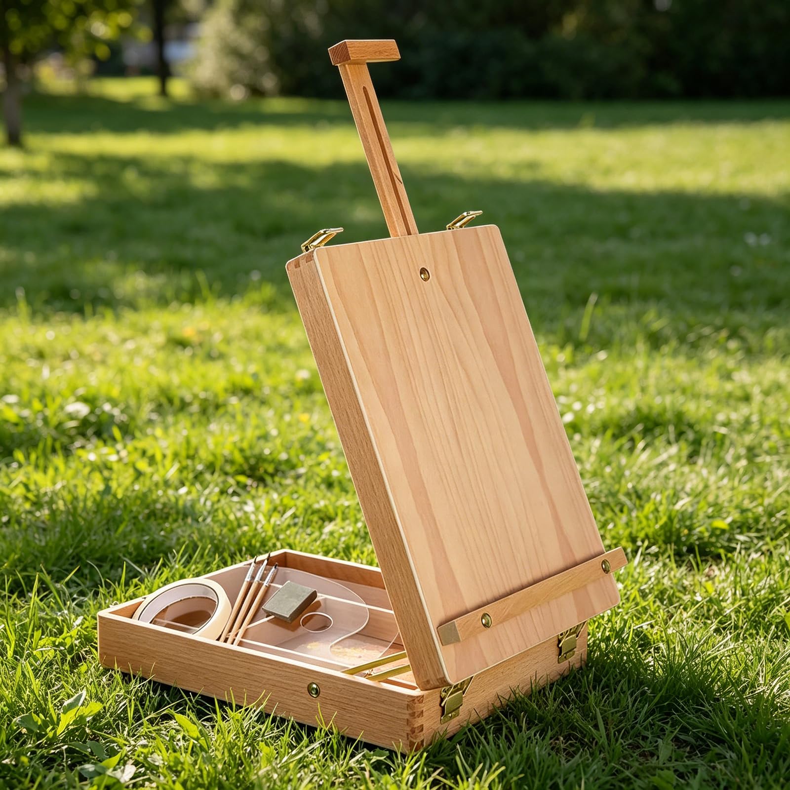 Desktop Kunstständer Malkasten, Holztisch Zeichenset mit Leinwandhalter, integrierten Ablagefächern, 2 transparenten Paletten und 3 Pinseln, Desktop Malkasten, faltbarer Kunstständer, Zeichenübung